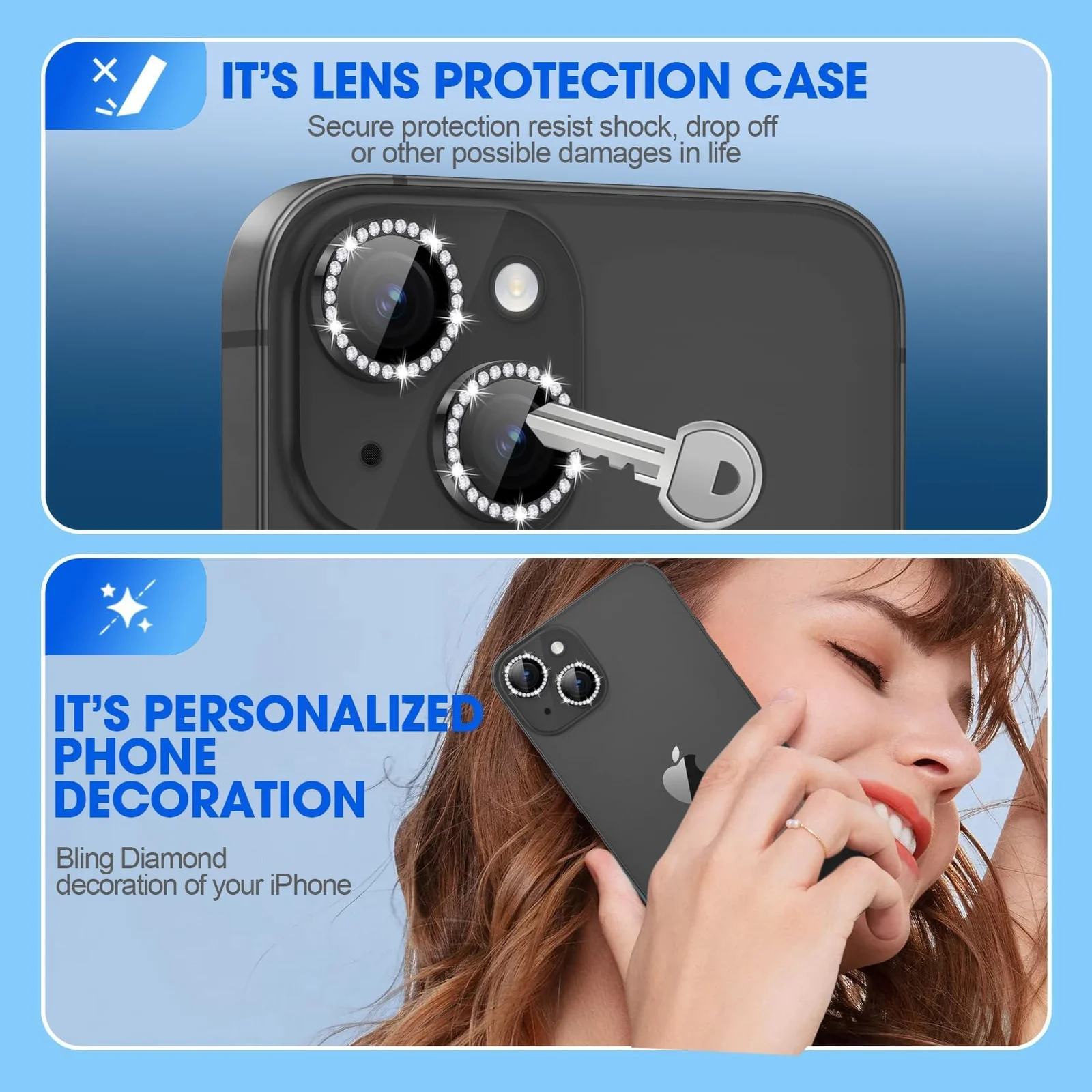 DL3 Mobilak Compatible with iPhone 15/15 Plus & iPhone 14/14 Plus Camera Lens Protector, Anti-Scratch HD Tempered Glass Lens Screen Protection Cover, Metal Individual Lens Ring - Diamond Black