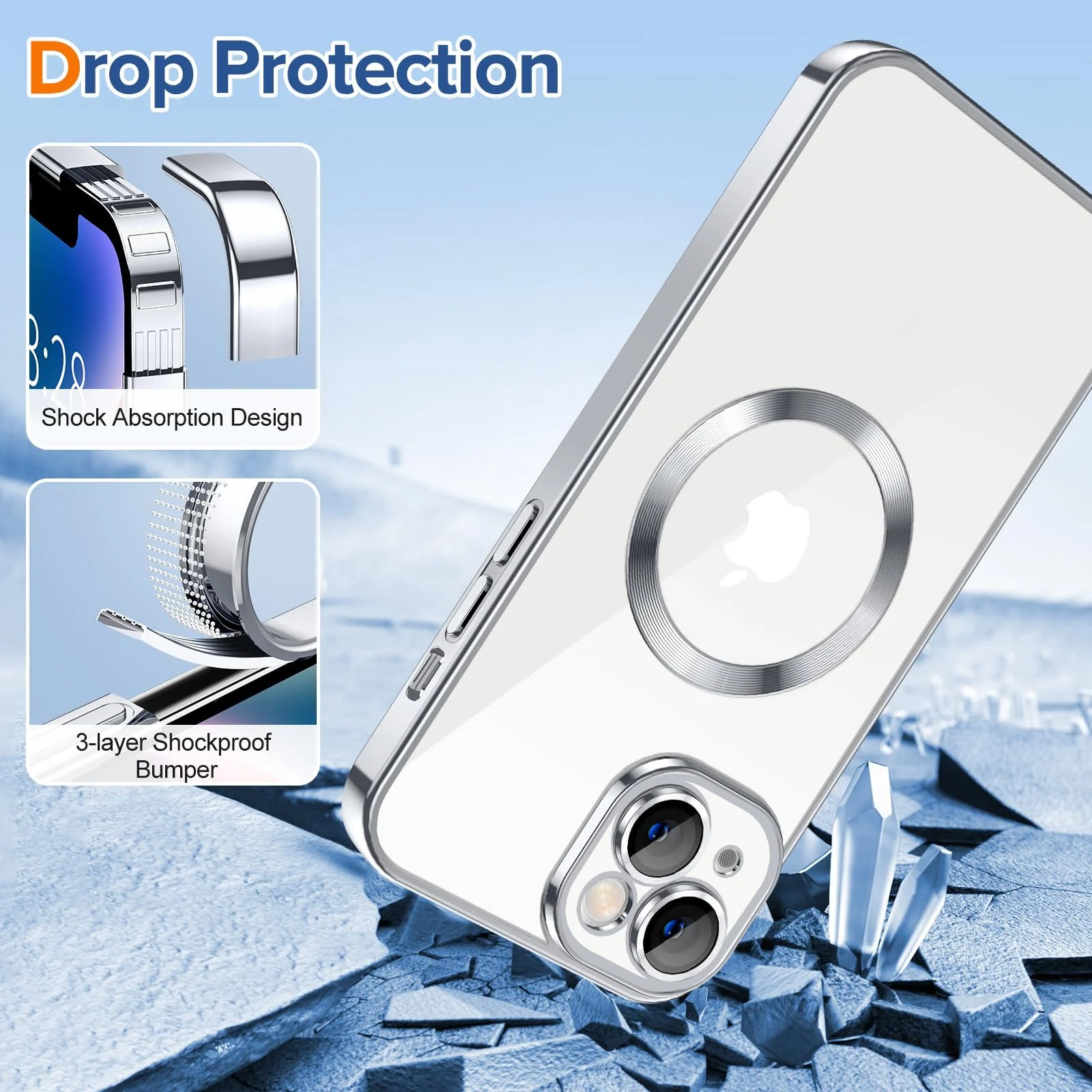 DL3 Mobilak Clear TPU Case with Electroplated Edges for iPhone 14 with Camera Protection and Anti-Yellowing Design - Silver