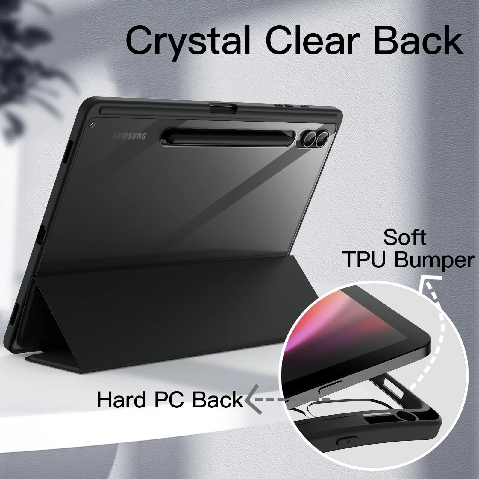 DL3 Mobilak Hybrid Slim Case for Samsung Galaxy Tab S8 Plus 2022/S7 FE 2021/S7 Plus 2020 12.4 Inch with S Pen Holder, Shockproof Cover with Clear Transparent Back Shell, Auto Wake/Sleep - Black