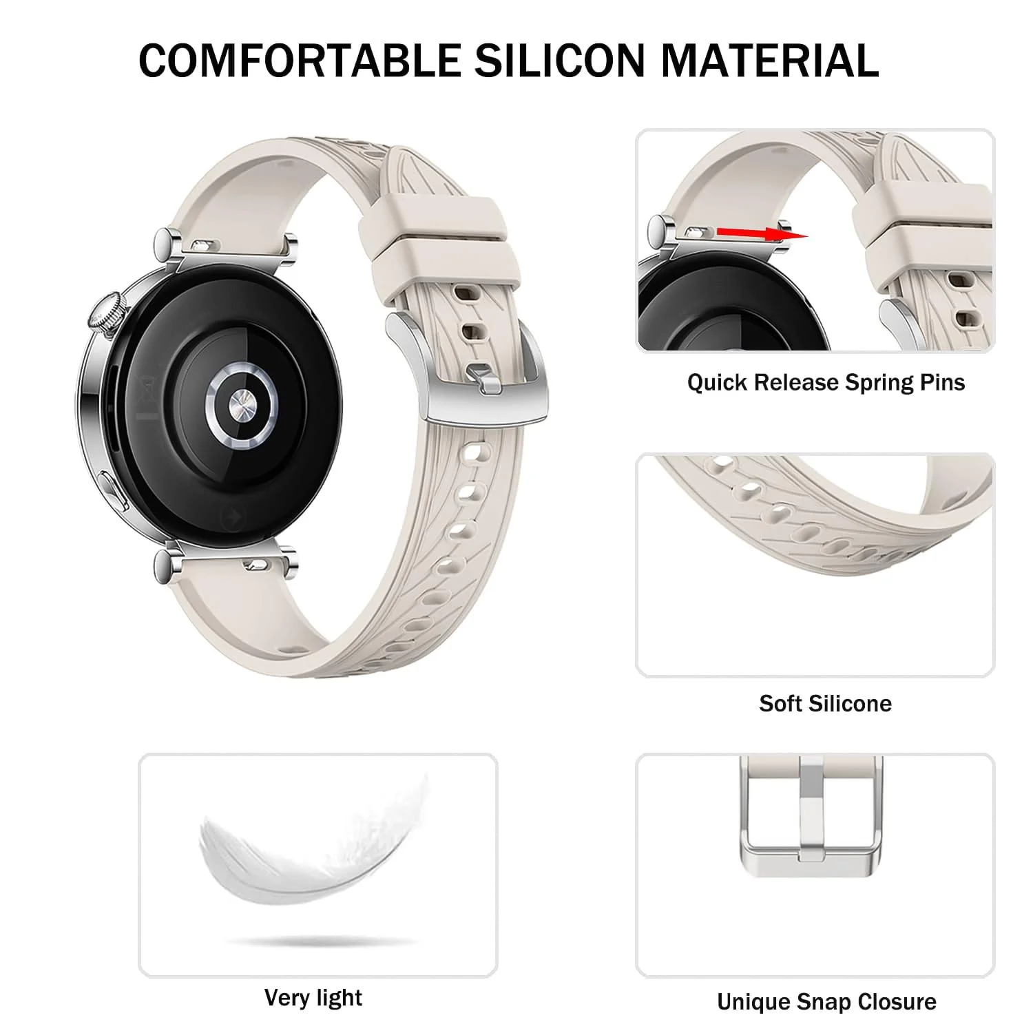DL3 Mobilak 18mm Silicone Strap Compatible with Huawei Watch GT 6 41mm/GT 5 Pro 42 mm/GT5 41mm/GT4 41 mm/Huawei Watch 5 42mm, 18 mm Silicone Sport Replacement Band for Venu 2S/3S/Vivomove 3S/4S - Starlight