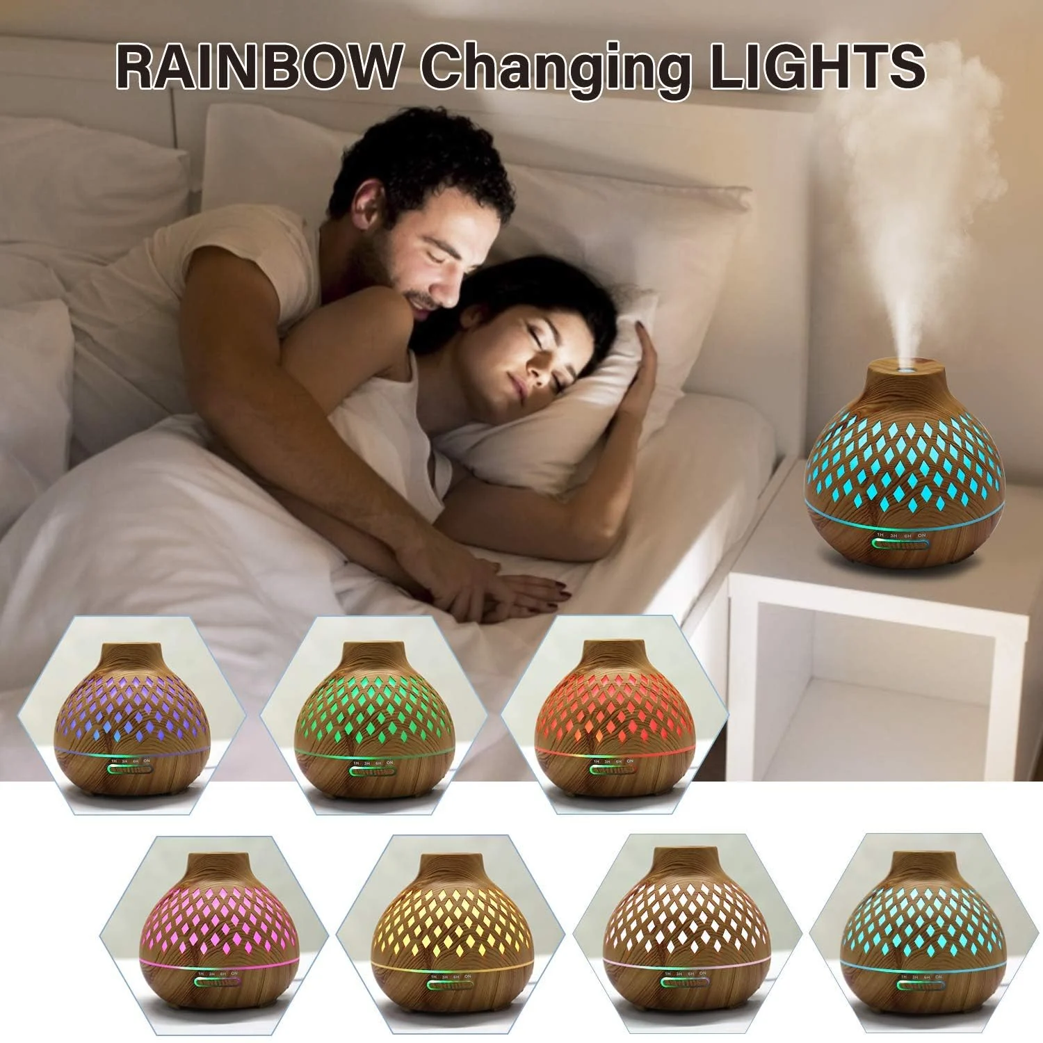 Mobigon Wood Cool Mist Ultrasonic Humidifier for Room Moisture, Aroma Diffuser for Home, 400ml Essential Oil Diffuser with 7 Colorful Night Light, Auto Shut-Off, Home, Office - Light woody