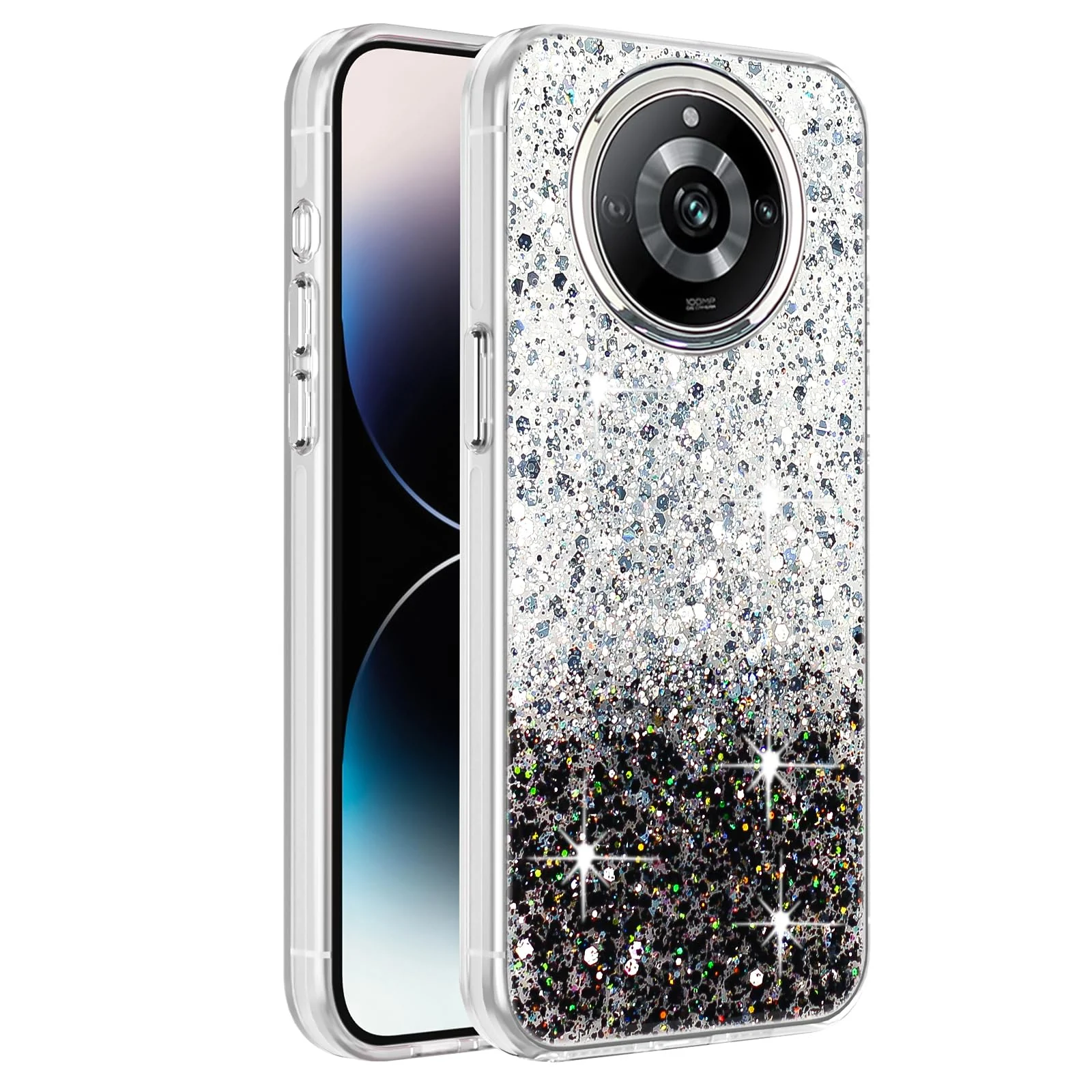 DL3 Mobilak Glitter Protective Case for realme 11 Pro 5G / realme 11 Pro + Plus 5G, Supports wireless charging, Camera protection, Shock-absorbing protection - White Black