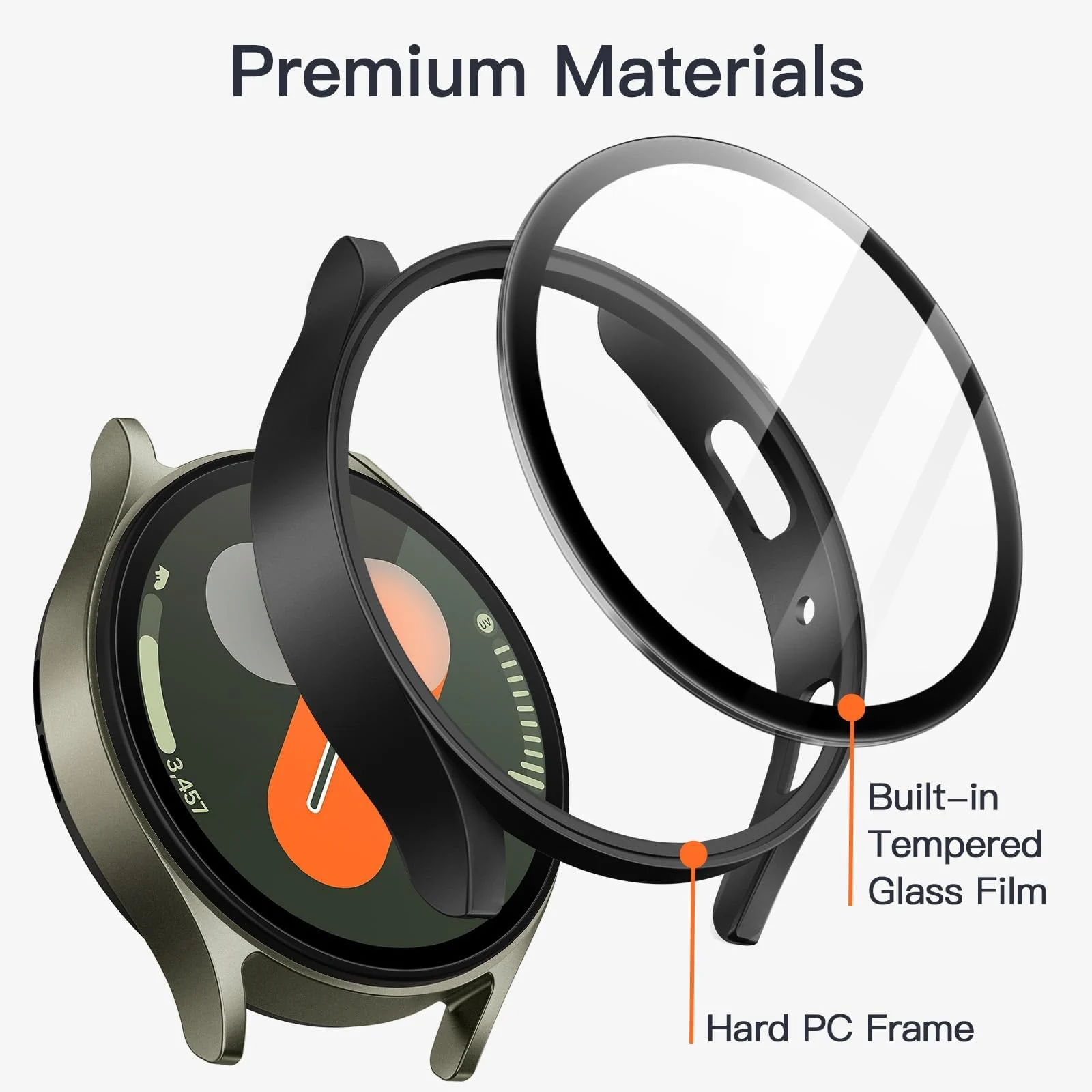 DL3 Mobilak Case with Screen Protector for Samsung Galaxy Watch 7 44mm, Bumper Full Coverage Hard PC Overall Protective Cover, Built-in Tempered Glass Film High Sensitivity - Black