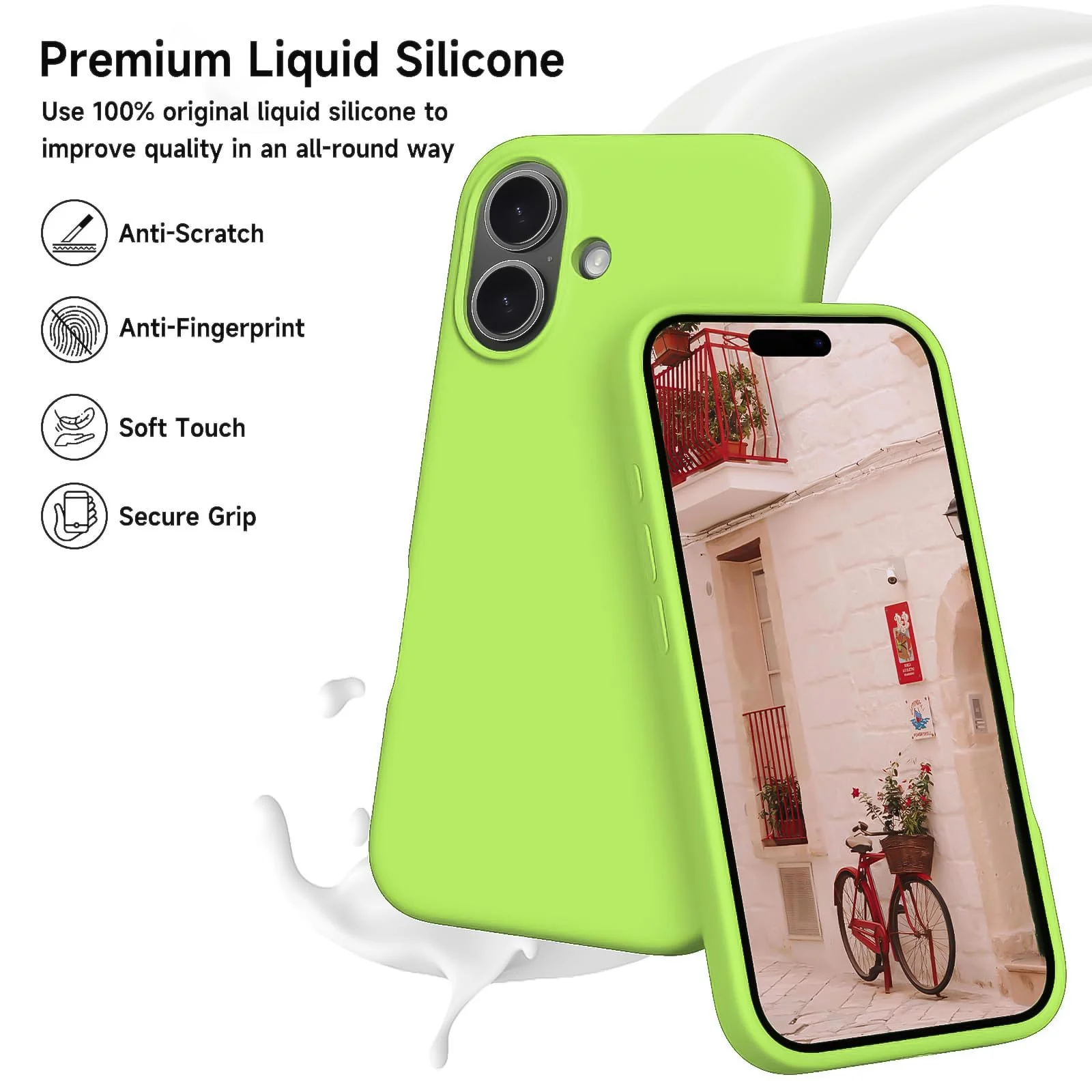 DL3 Mobilak Liquid Silicone Case for iPhone 16 + Plus 6.7-Inch, Supports wireless charging, Shock-absorbing protection, Scratch-resistant surface - Neon Green
