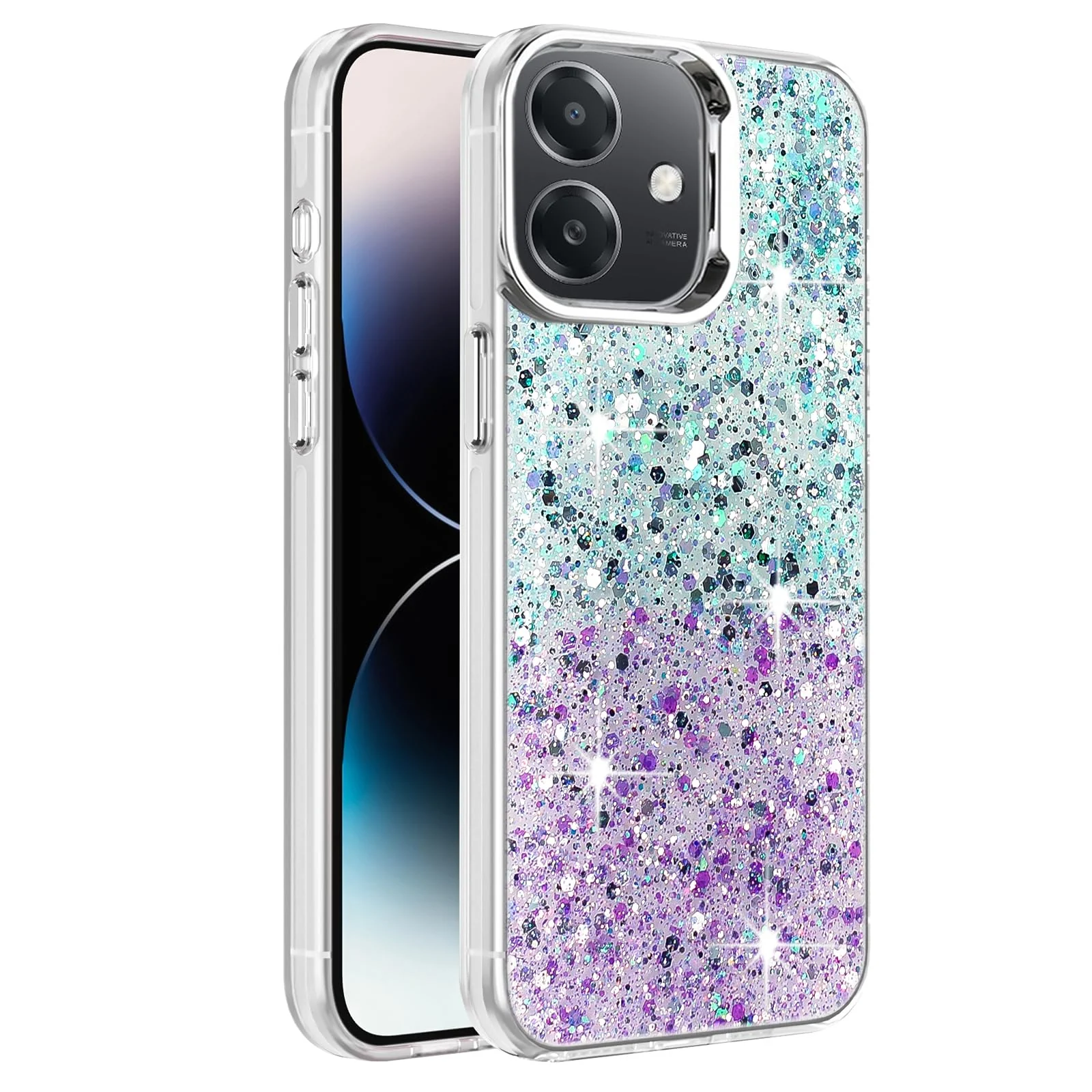 DL3 Mobilak Glitter Protective Case for OPPO A3 / OPPO A3X, Supports wireless charging, Camera protection, Shock-absorbing protection - Green Purple