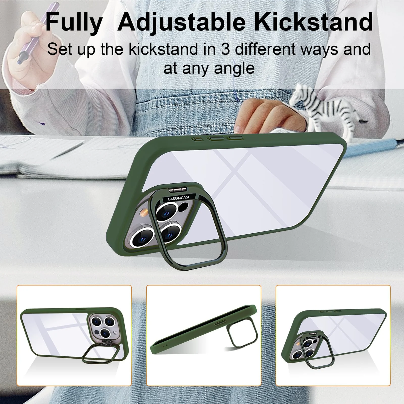 DL3 Mobilak Clear PC and TPU Case with Camera Ring Kickstand and Lens Protector for iPhone 15 Pro - Green