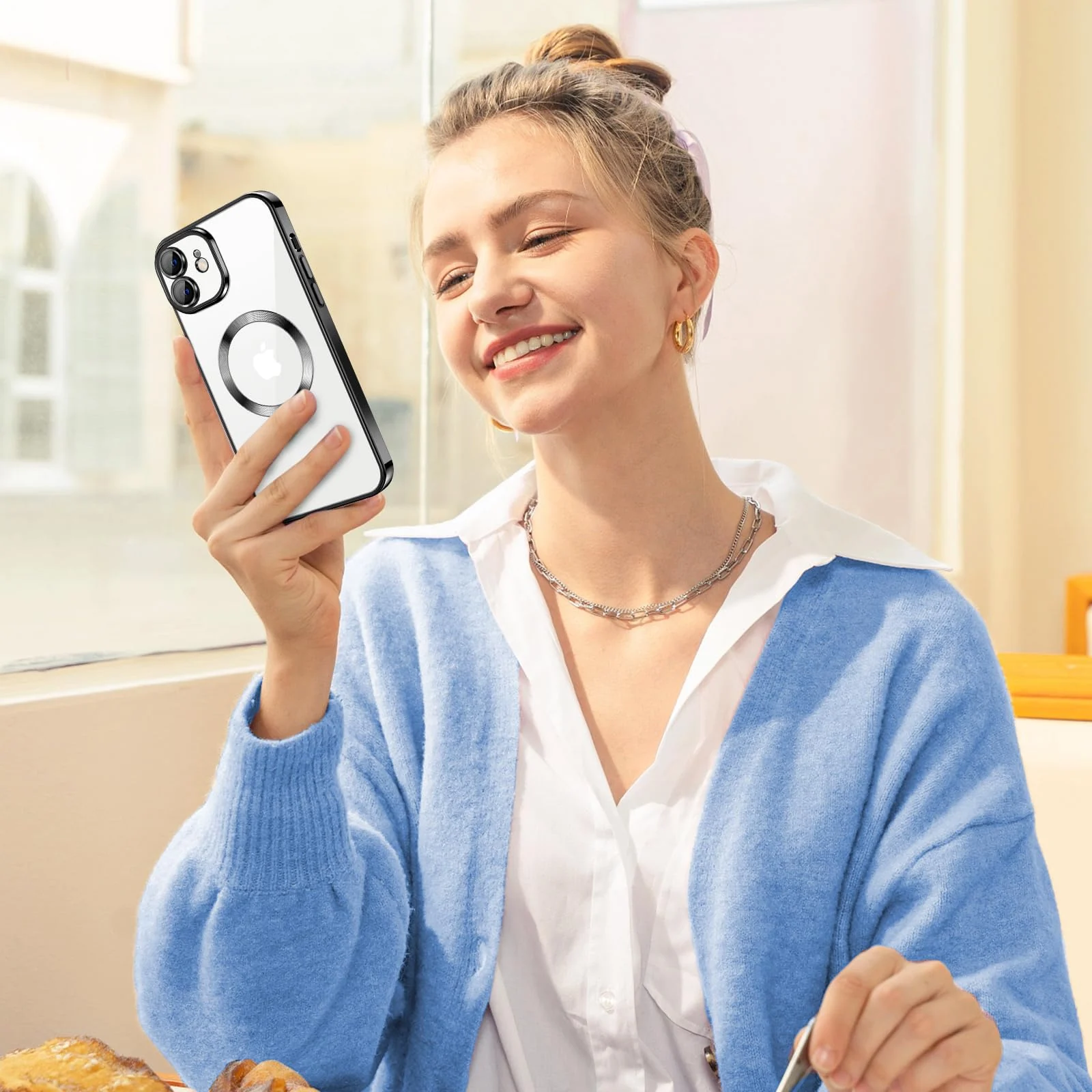 DL3 Mobilak Clear Case for iPhone 12 6.1-Inch with Built-in Camera Lens Protector, Slim Luxury Plating Edge Soft TPU Cover Protective, Transparent Case for Women Girls Men - Black