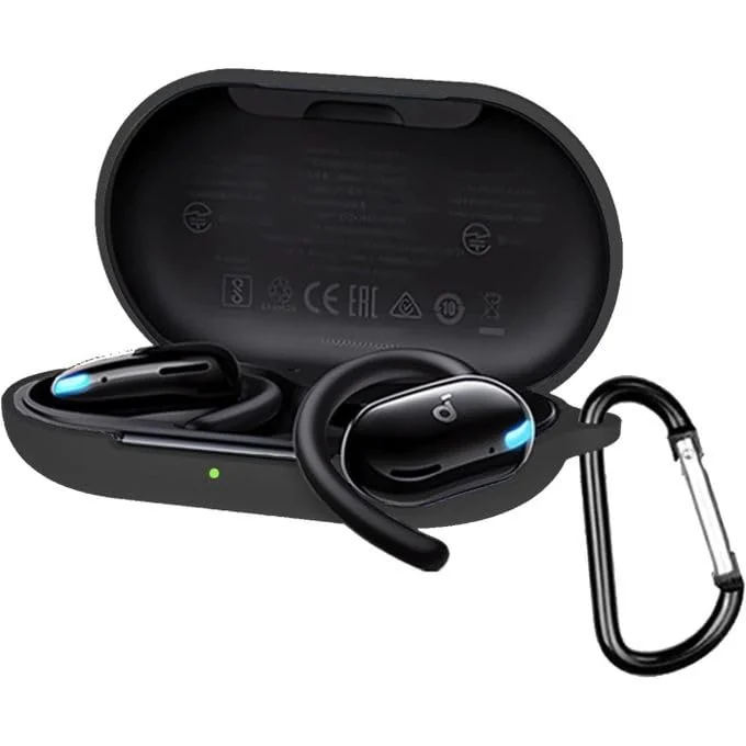 DL3 Mobilak Compatible with Anker SoundCore V20i Case Cover, Soft Silicone Shockproof Protective Case Wireless Earbuds with Carabiner, Front LED Visible - Black