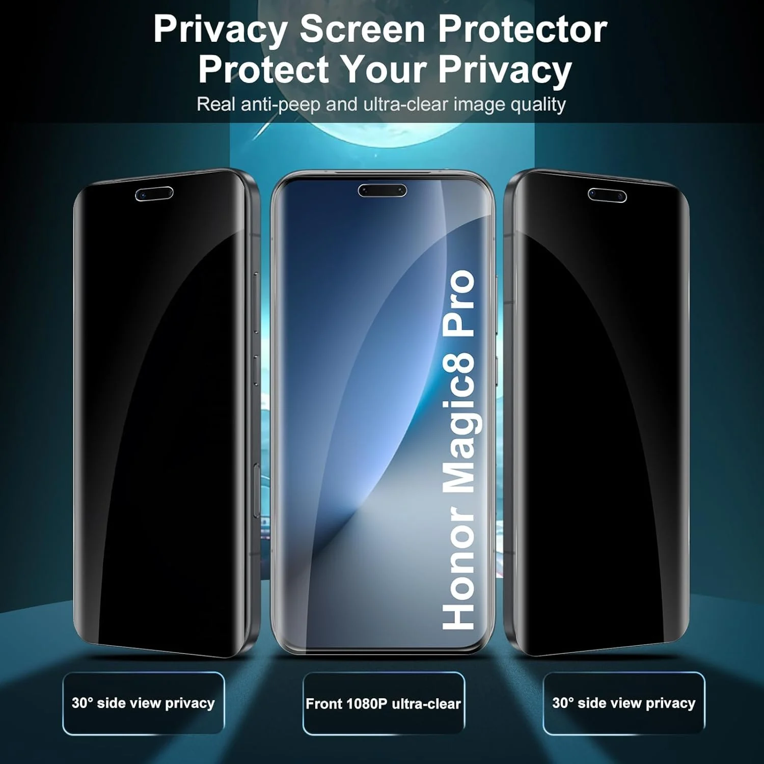 Mobigon Screen Protector for Honor Magic 8 Pro 5G UV Glass Fingerprint Reader Support 3D Curved Anti-Spy Tempered Glass Screen Protector - Privacy