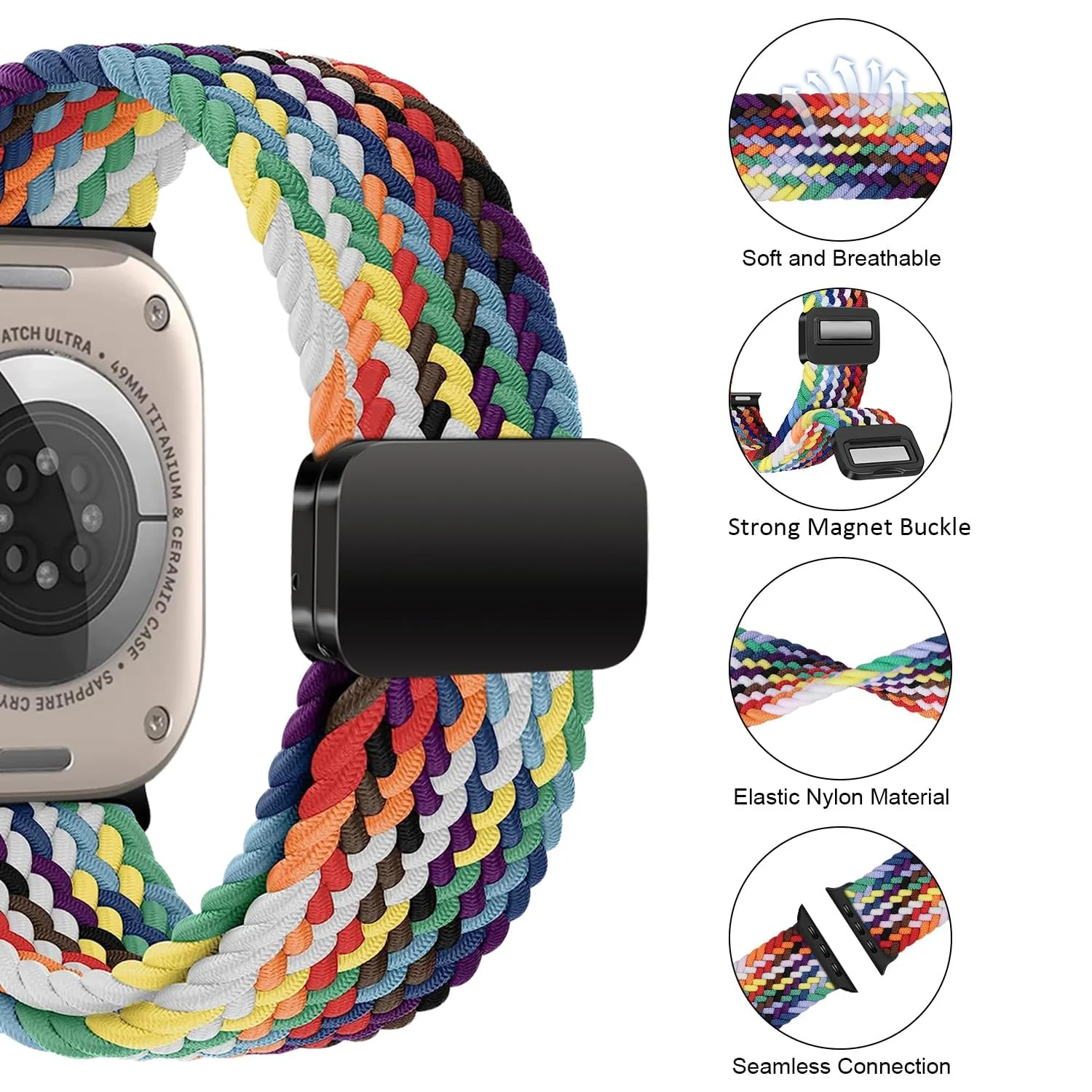 DL3 Mobilak Sport Solo Loop Compatible with Apple Watch Band 42mm 44mm 45mm 46mm 49mm for Women Men, Magnetic Strap Stretchy Braided Wristband for iWatch Series 11 10 9 8 7 6 5 4 3 Ultra 3 2 1 SE SE2 - Black