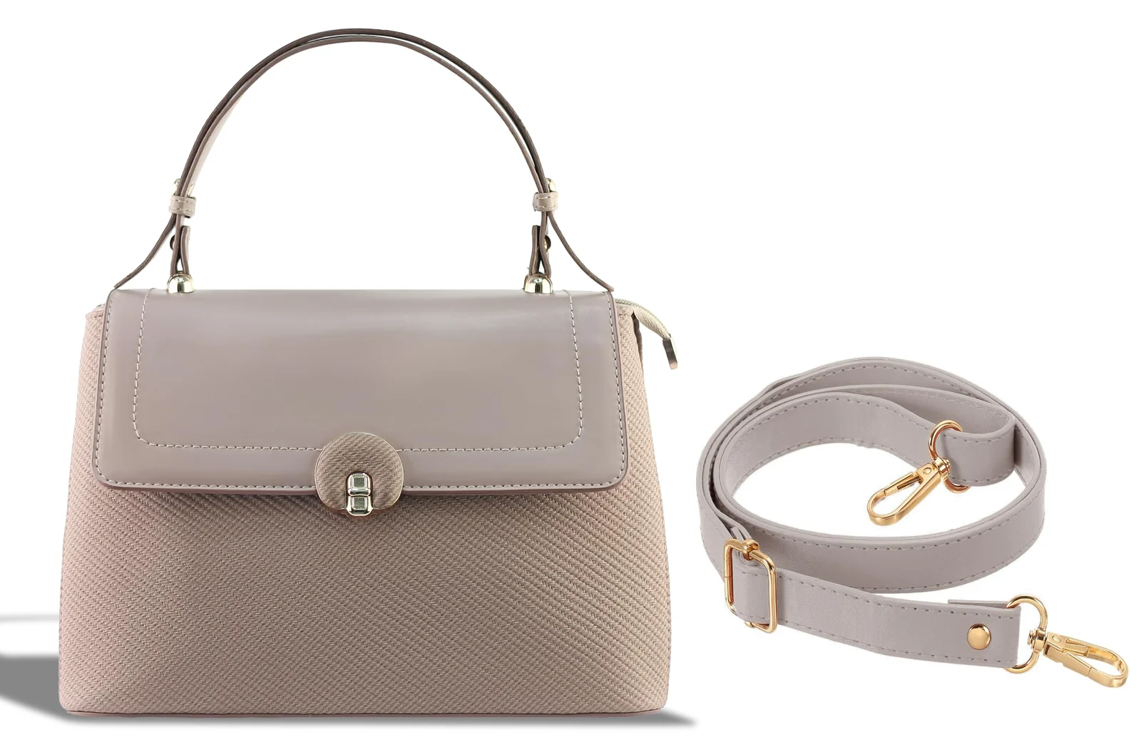 Mobigon Elegant Women’s Handbag with Shoulder Strap, Textured Leather Baguette Purse with Gold Clasp, Magnetic Snap & Zipper Compartments, Structured Top Handle Bag for Work & Daily Use - Beige