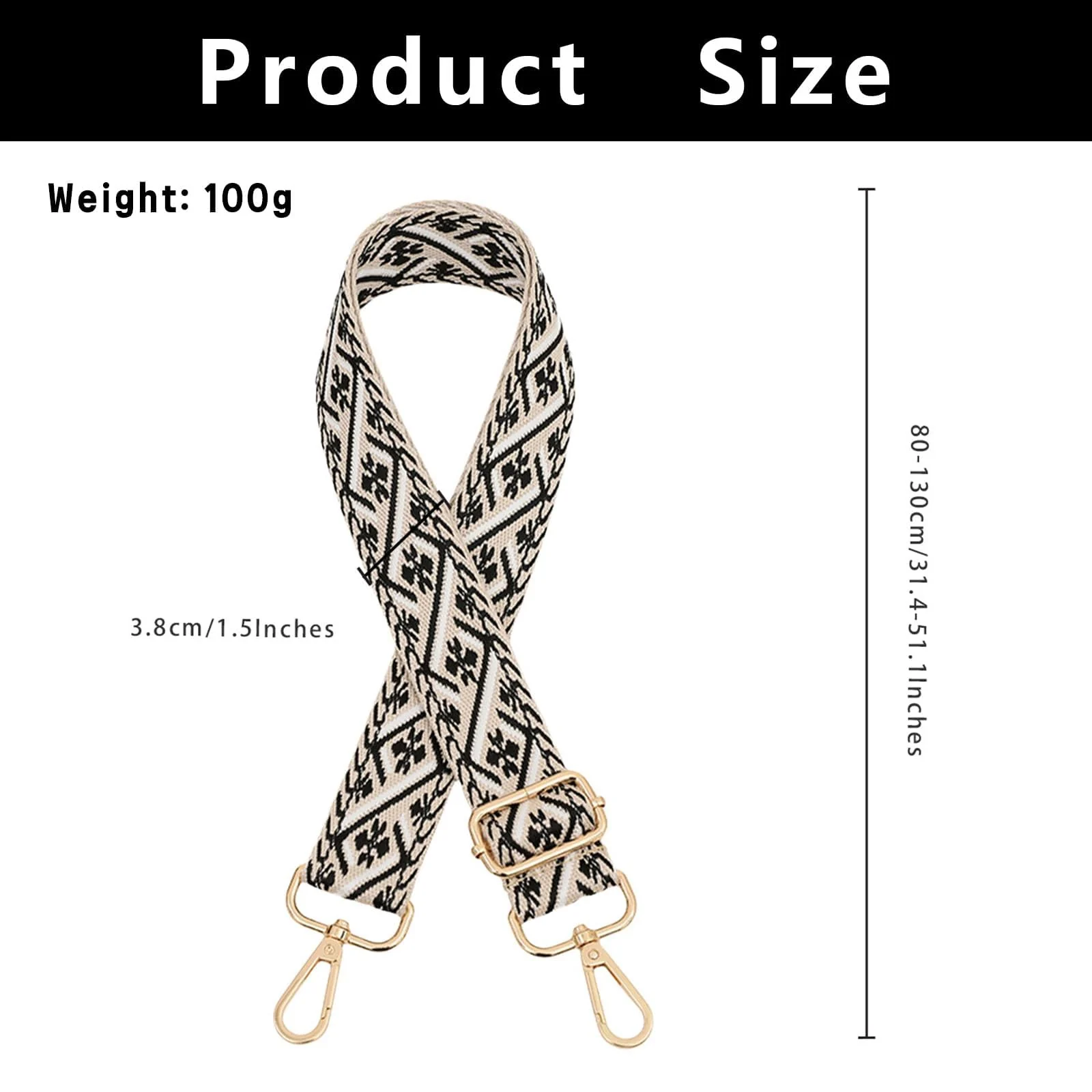 DL3 Mobilak Adjustable Wide Crossbody Bag Strap for Women, Replacement Shoulder Strap for Handbags, Totes & Purses with Elegant Embroidered Pattern and Metal Hooks - Beige Black