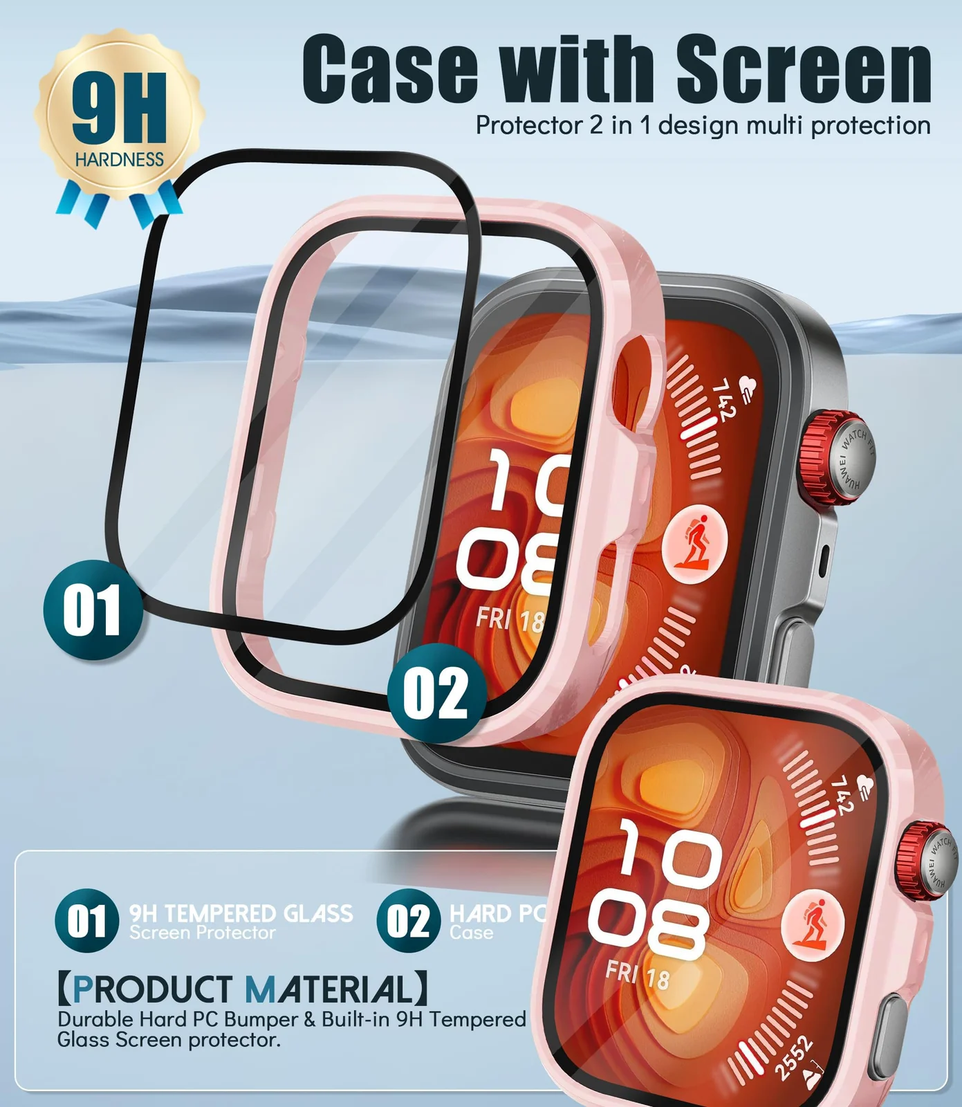 DL3 Mobilak Case Compatible with Huawei Watch Fit 4 Pro, Full Coverage Slim Hard Case Protective Bumper Built-in Tempered Glass Screen Protector Shell for Huawei Watch Fit 4 Pro - Pink