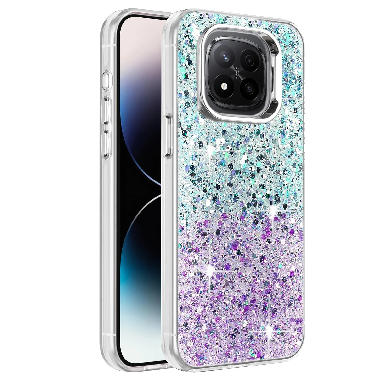 DL3 Mobilak Glitter Protective Case for Xiaomi Redmi Note 14 Pro + Plus 5G, Supports wireless charging, Camera protection, Shock-absorbing protection - Green Purple
