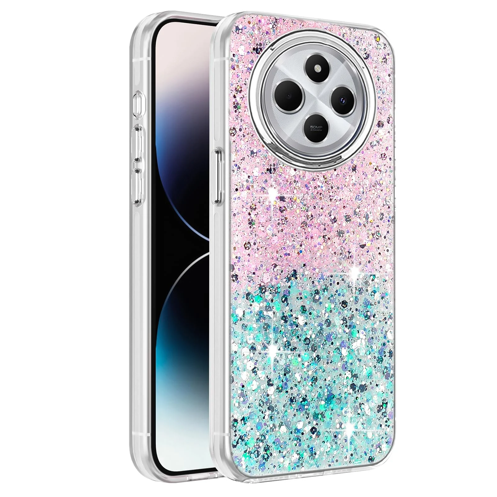 DL3 Mobilak Compatible with Xiaomi Redmi 14C 4G/Poco C75 Case, Clear Glitter Bling Sparkly, Soft TPU Frame Bumper, Hard-Back Cover for Women & Girls, Transparent Protective Phone Case - Pink Green