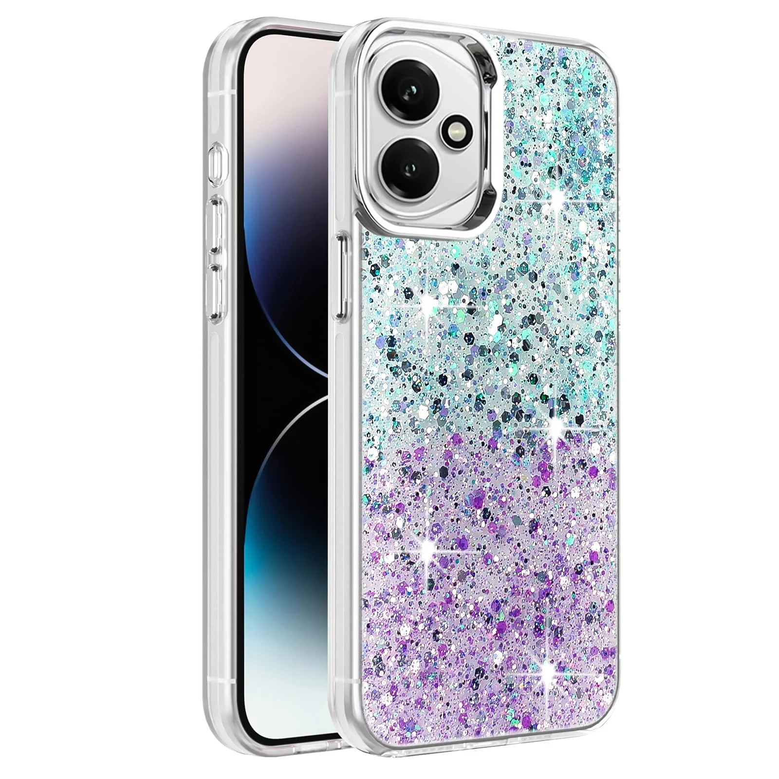DL3 Mobilak Glitter Protective Case for Honor 400 5G, Supports wireless charging, Camera protection, Shock-absorbing protection - Green Purple