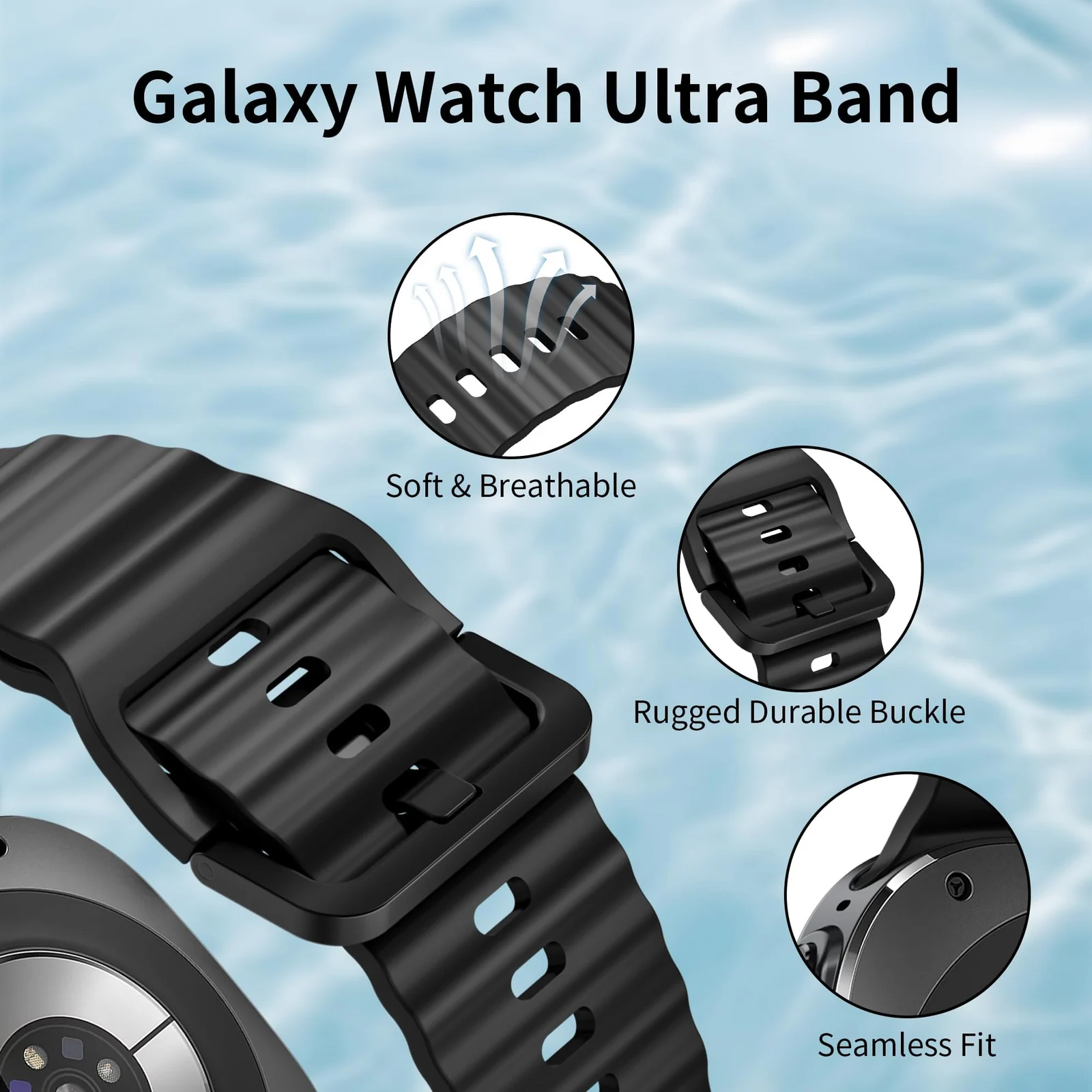 DL3 Mobilak Sport Strap for Samsung Galaxy Watch 8 Straps 40mm 44mm/8 Classic Bands 46mm Men Women, One Click No Gap Waterproof Soft Silicone Sport Band for Samsung Watch 8/8 Classic Strap - Black