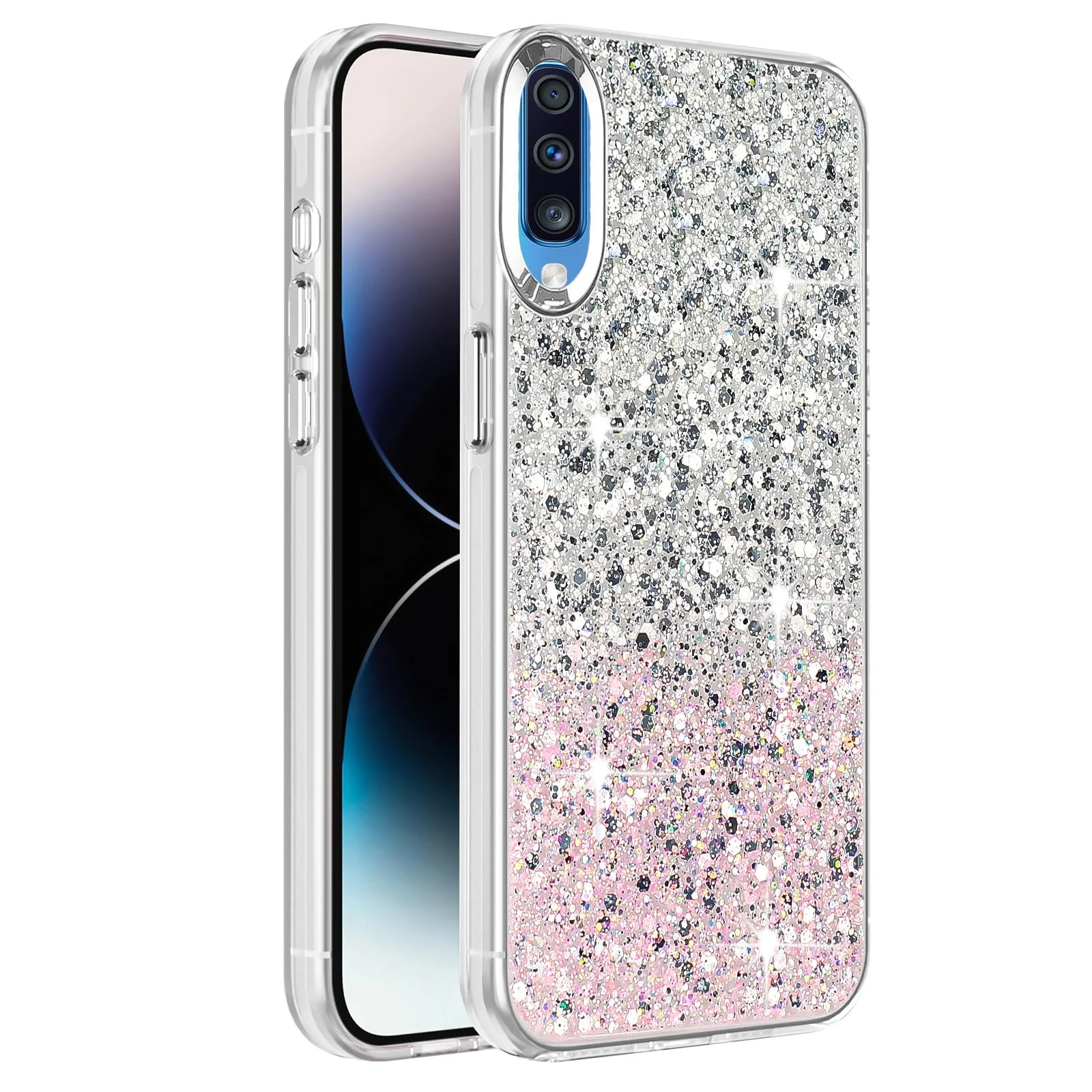 DL3 Mobilak Glitter Protective Case for Samsung Galaxy A70 / A70s, Supports wireless charging, Camera protection, Shock-absorbing protection - White Pink