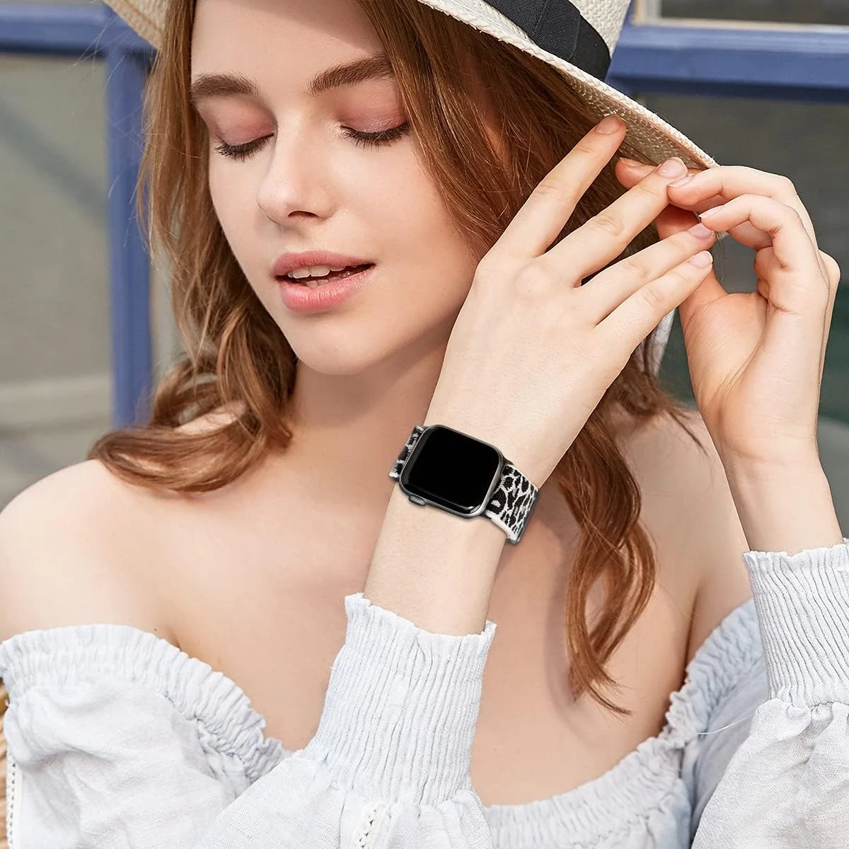 DL3 Mobilak Nylon Solo Loop Stretchy Straps For Apple Watch Band 49mm 45mm 44mm 42mm 41mm 40mm 38mm, Elastic Wristbands for Series 8 9 Ultra 7 6 5 4 3 2 1 (Leopard, 42MM/44MM/45MM/49MM) - White Leopard