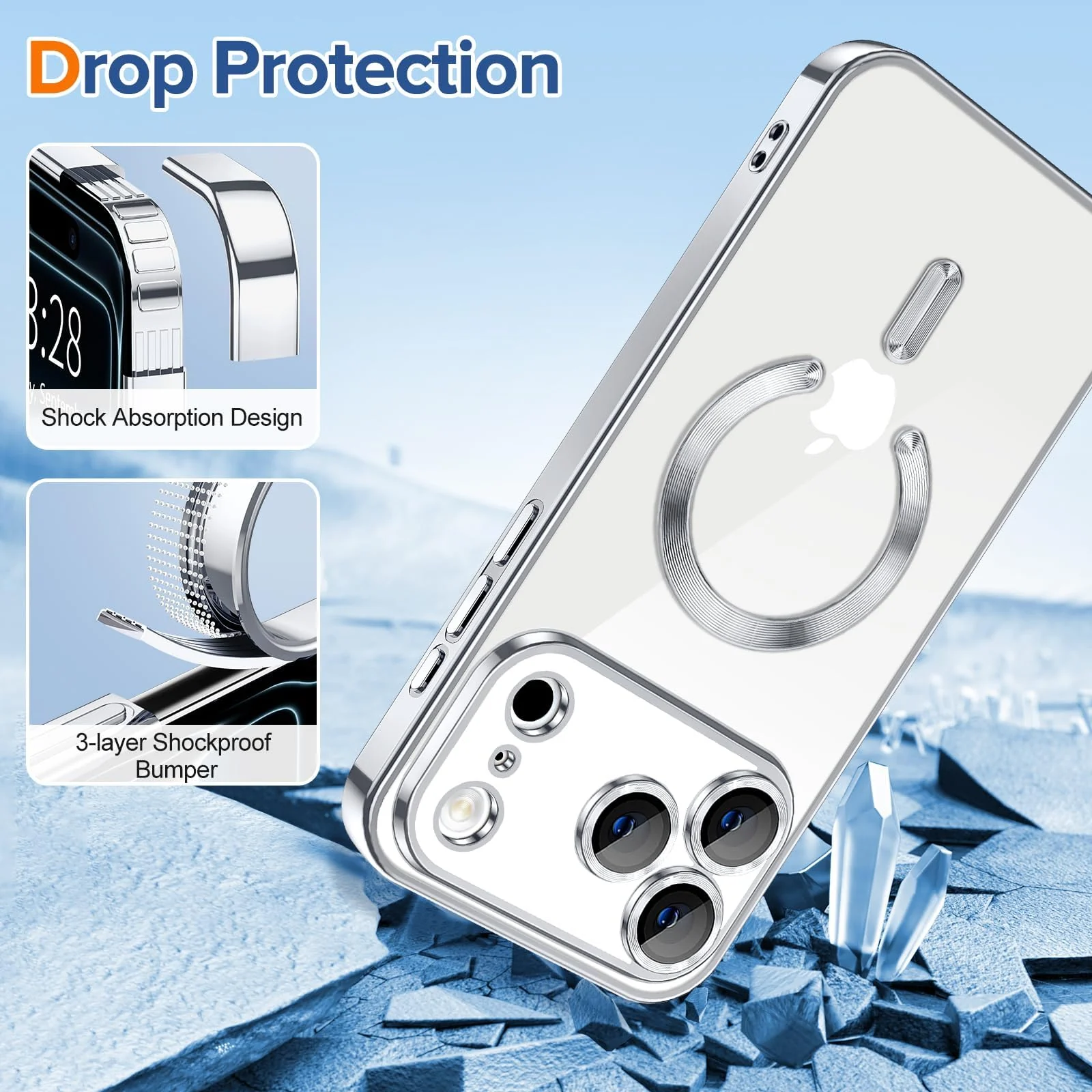 DL3 Mobilak Clear MagSafe-Compatible Magnetic Case for iPhone 17 Pro Max with Camera Protection and Magnetic Car-Mount Support - Silver