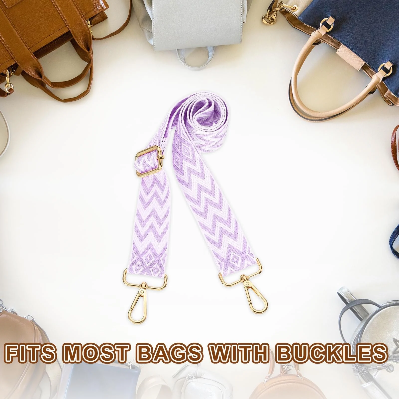 DL3 Mobilak Adjustable Wide Crossbody Bag Strap for Women, Replacement Shoulder Strap for Handbags, Totes & Purses with Elegant Embroidered Pattern and Metal Hooks - White Purple