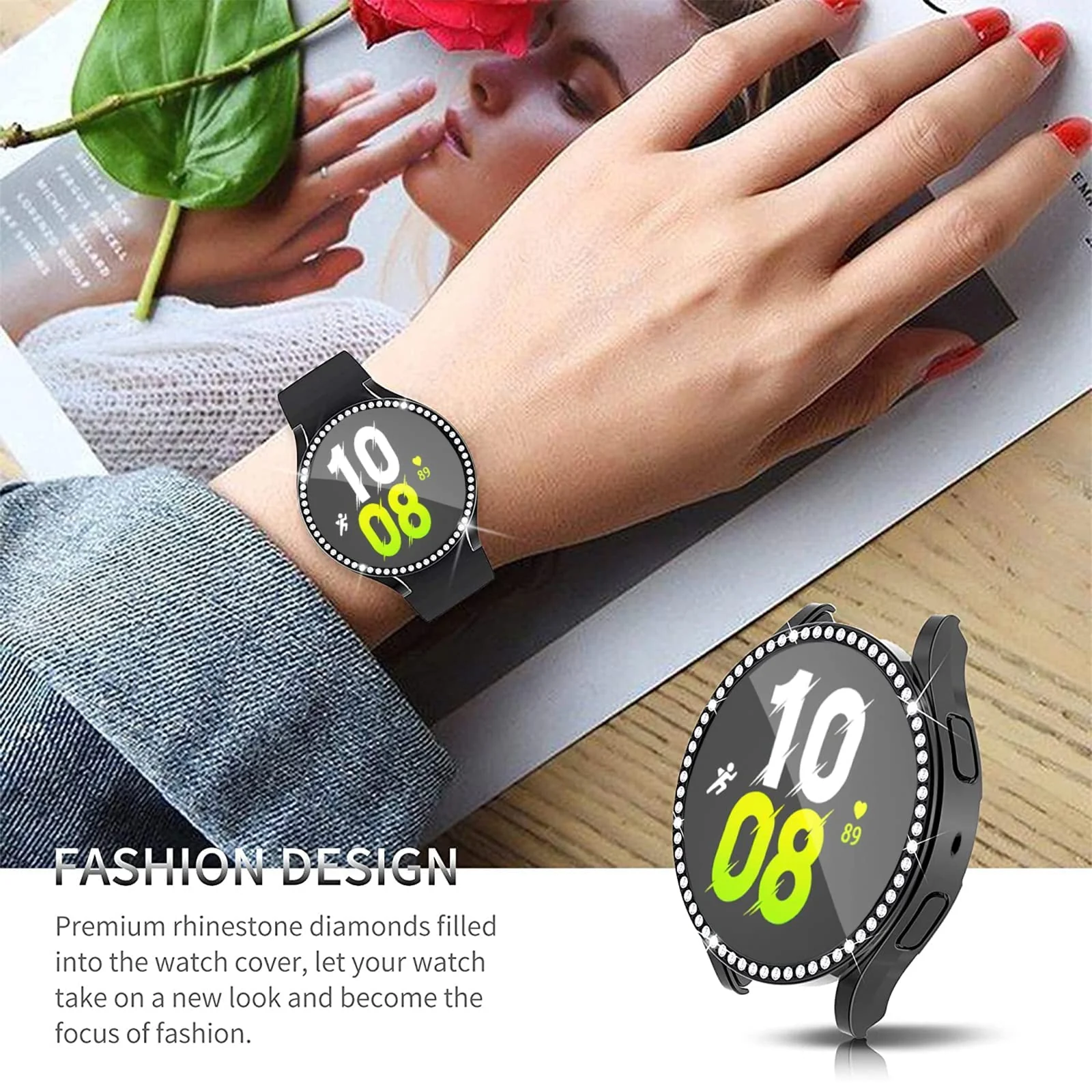 DL3 Mobilak Bumper Diamond Case Compatible with Samsung Galaxy Watch 4 Classic 46mm, Bling Crystal Diamonds PC Plastic Protector Case Cover Frame For Galaxy Watch4 Classic 46 MM - Black