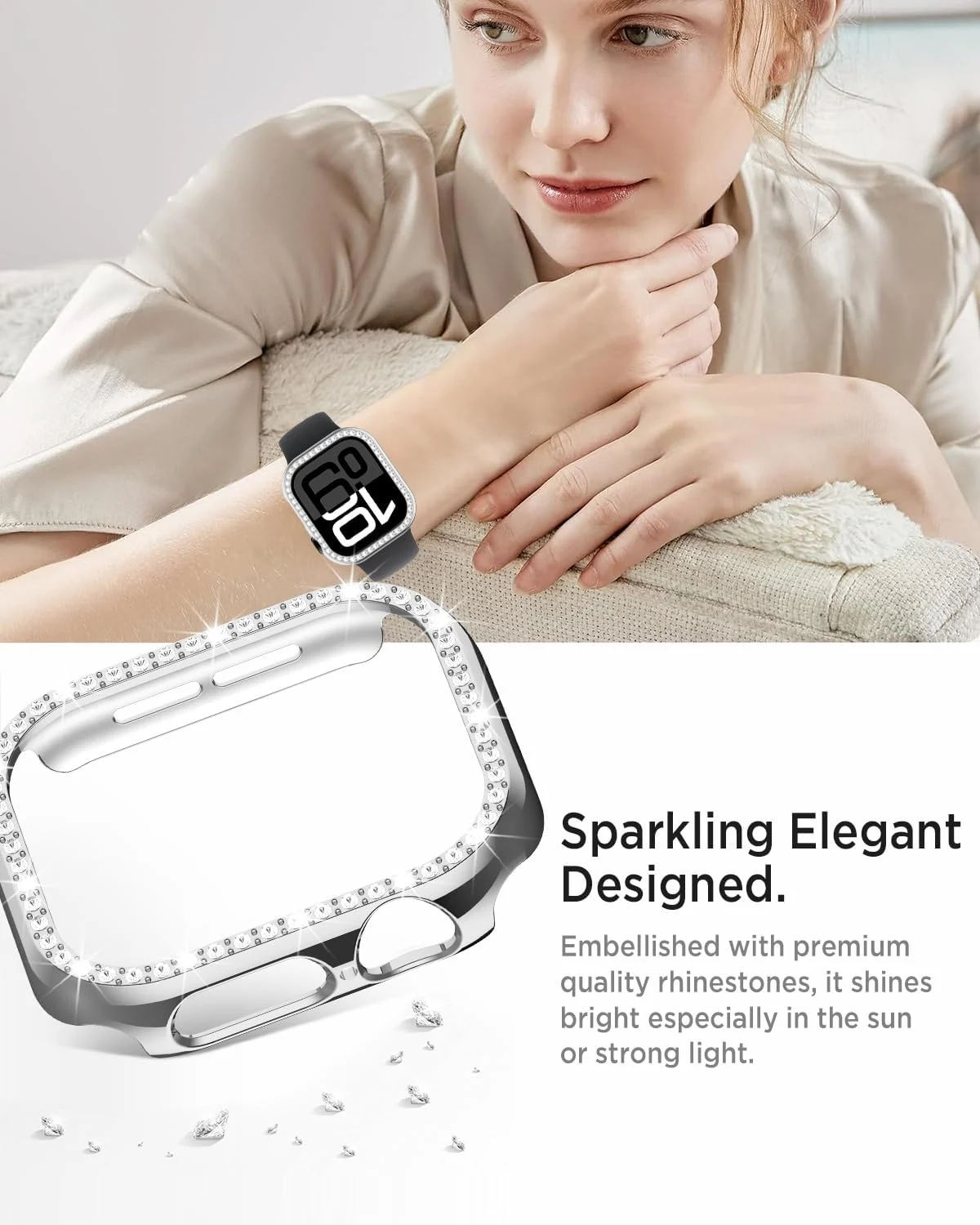 DL3 Mobilak Bling Case Without screen protector for Apple Watch Series 10 46mm, Hard PC Frame Case, Crystal Diamonds Bumper Cover for Women Girls, Slim Protective Cover for iWatch 10 46mm - Silver