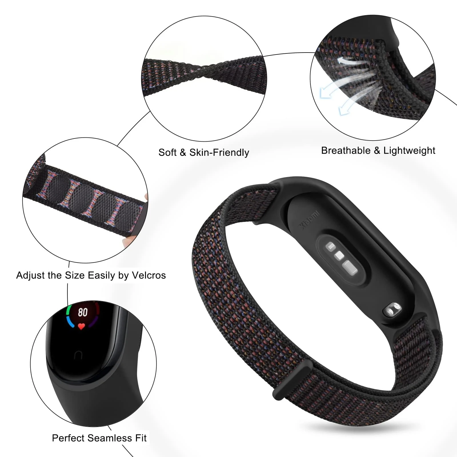 DL3 Mobilak Nylon Sport Band Compatible with Xiaomi Mi Band 7/Mi Band 6/Mi Band 5/Mi Band 4/Mi Band 3/Amazfit Band 5 for Women Men, Soft Adjustable Breathable Sport Loop Watch Strap - Official Black