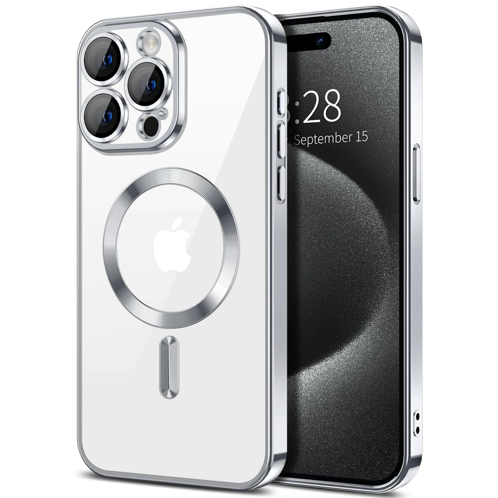 DL3 Mobilak Plated-Edge Protective Case for iPhone 15 Pro Max 6.7-Inch, Compatible with MagSafe accessories, Supports wireless charging, Shock-absorbing protection - Silver