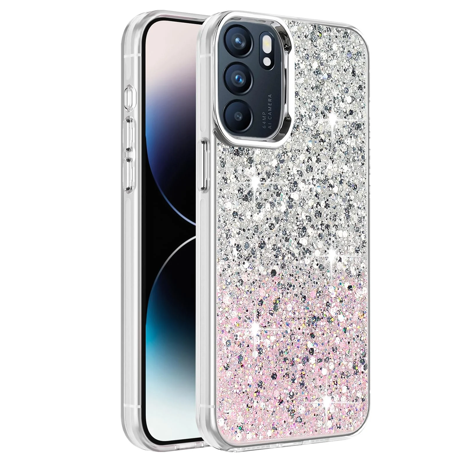 DL3 Mobilak Glitter Protective Case for OPPO Reno6 5G / Reno 6 5G, Supports wireless charging, Camera protection, Shock-absorbing protection - White Pink