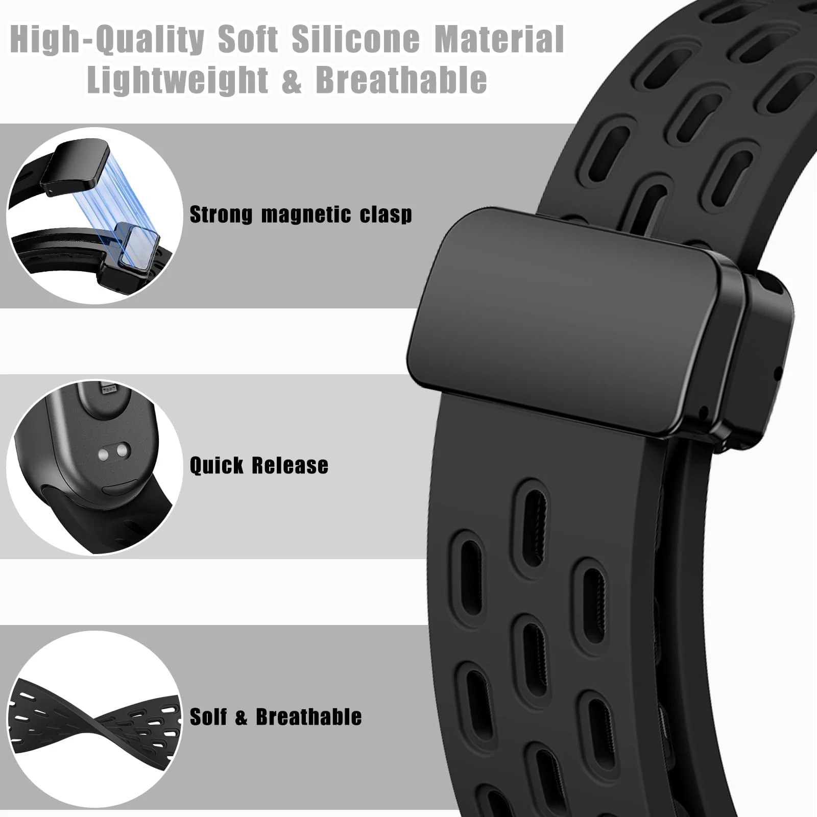 DL3 Mobilak Strap For Xiaomi Mi Band 10/9/8 Magnetic Metal Buckle Sport Silicone Breathable Strap for Men Women Band Quick Release Soft Replacment Wristband For Xiaomi Smart Band 8/9/10 - Black