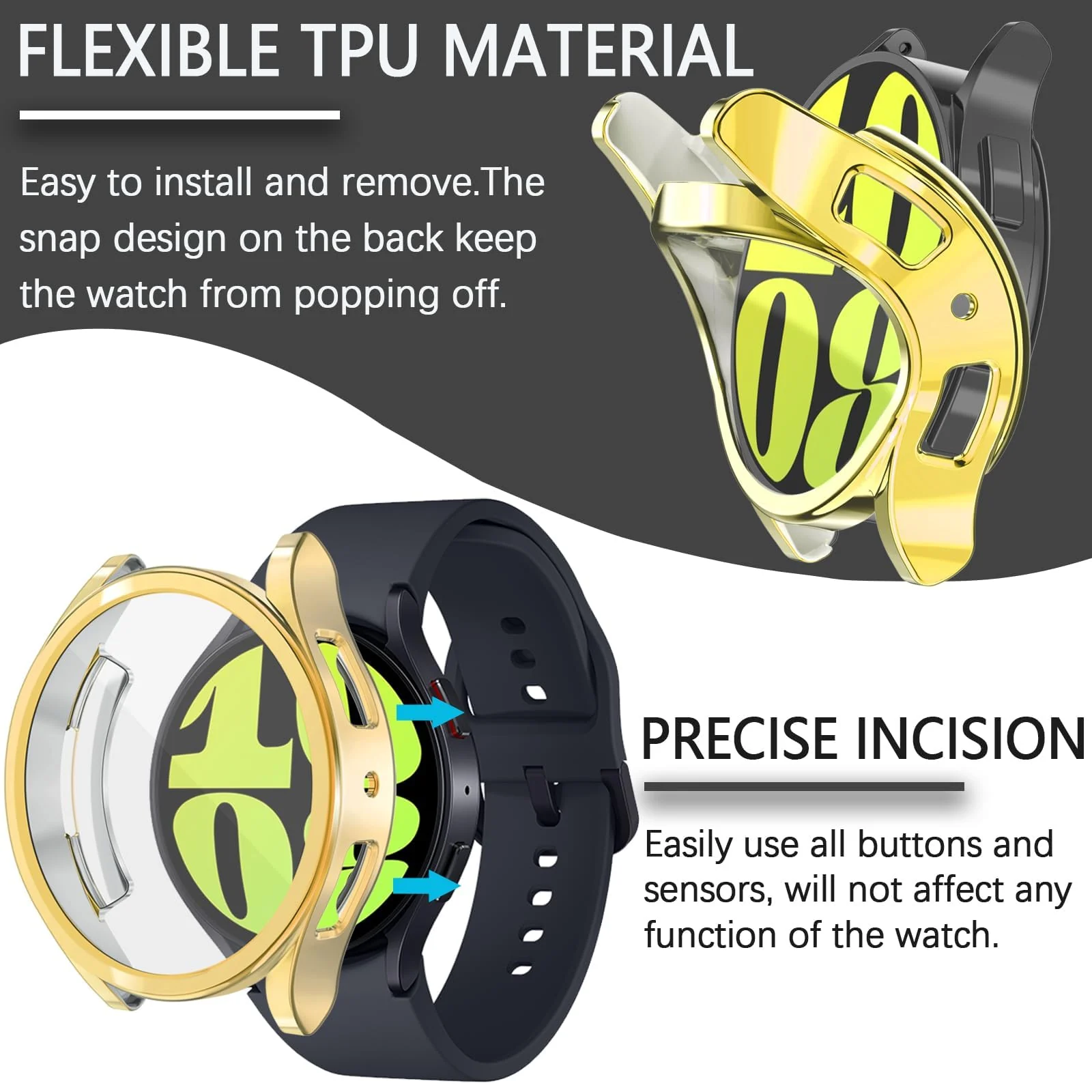 DL3 Mobilak Screen Protector Case for Samsung Galaxy Watch 6 44mm, Flexible TPU Cover Shockproof Protective Case Plated Bumper Shell Galaxy Watch 6 44mm - Gold