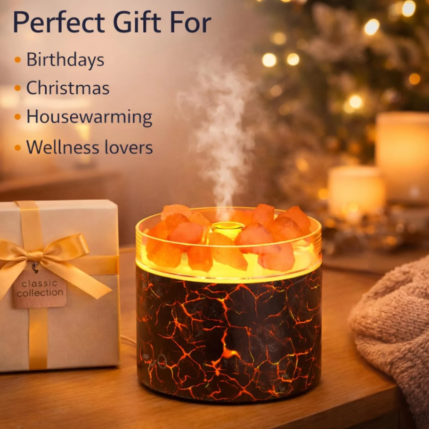 DL3 Mobilak 4-in-1 Ultrasonic Crystal Salt Stone Aromatherapy Diffuser & 160ML Humidifier - 7-Color LED Dreamy Flame Light, Auto Shut-Off - Crack Black