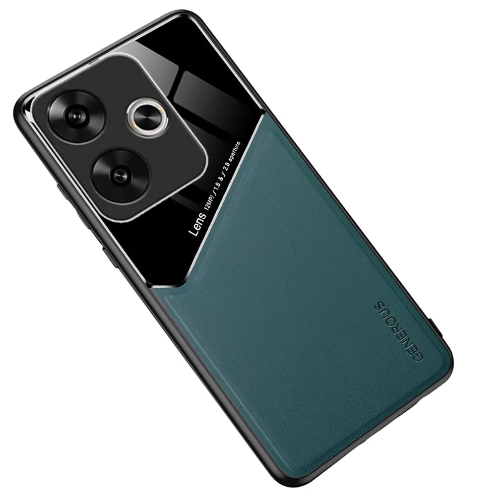 DL3 Mobilak Magnetic Car-Mount Case for Xiaomi Poco F6 5G, Ultra-Thin Soft TPU Frame, Back Leather Mixed Double+Plexiglass Protective with Camera Protection and Shockproof Design - Green