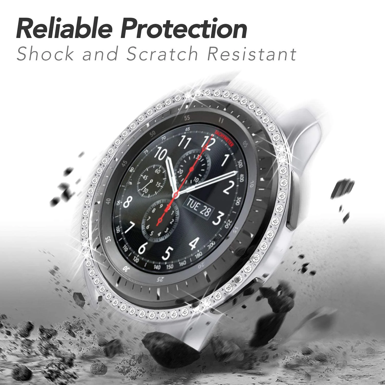 DL3 Mobilak Bumper Diamond Case Compatible with Samsung Galaxy Watch 46mm, Gear S3 Frontier Case (NOT fit for -R770), Bling Crystal Diamonds PC Plastic Protector Case Cover Frame - Silver