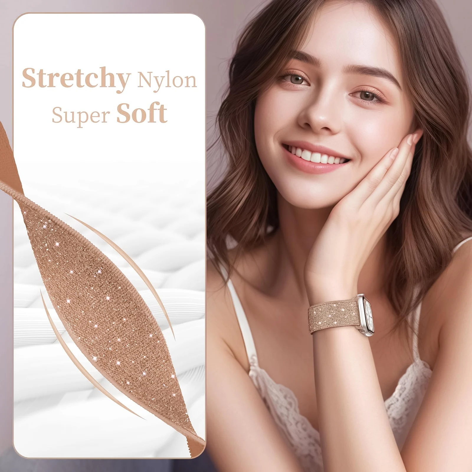 DL3 Mobilak Stretchy Bling Band For Apple Watch 49mm 46mm 45mm 44mm 42mm Women, Nylon Sparkly Strap Solo Loop Glitter Wristband for iWatch Series 11 10 9 8 7 6 5 4 SE3 SE2 SE Ultra 3 2 1 - Rose Gold
