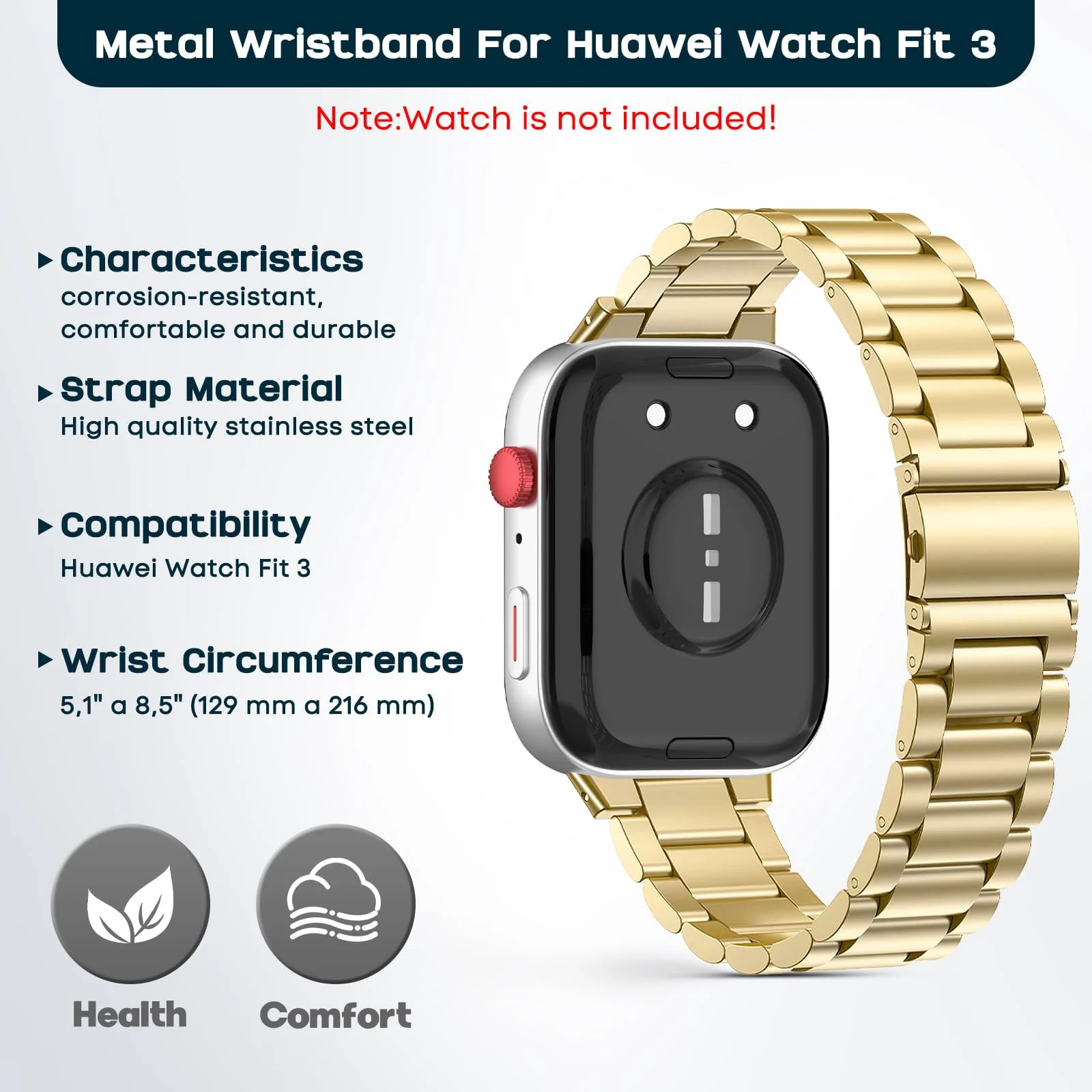 DL3 Mobilak Metal Straps Compatible with Huawei Watch Fit 3/Fit 4/Fit 4 Pro Strap, Stainless Steel Replacement Band with Folding Clasp, Adjustable Replacement Bracelet Wristband - Gold