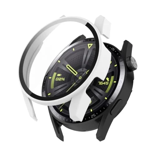 Dl3 Mobilak Protective Case Compatible with Huawei Watch GT3 46MM 9H Hardness PC Case Bumper Full Slim Protective Cover with Tempered Glass For Huawei Watch GT 3 46MM (White)