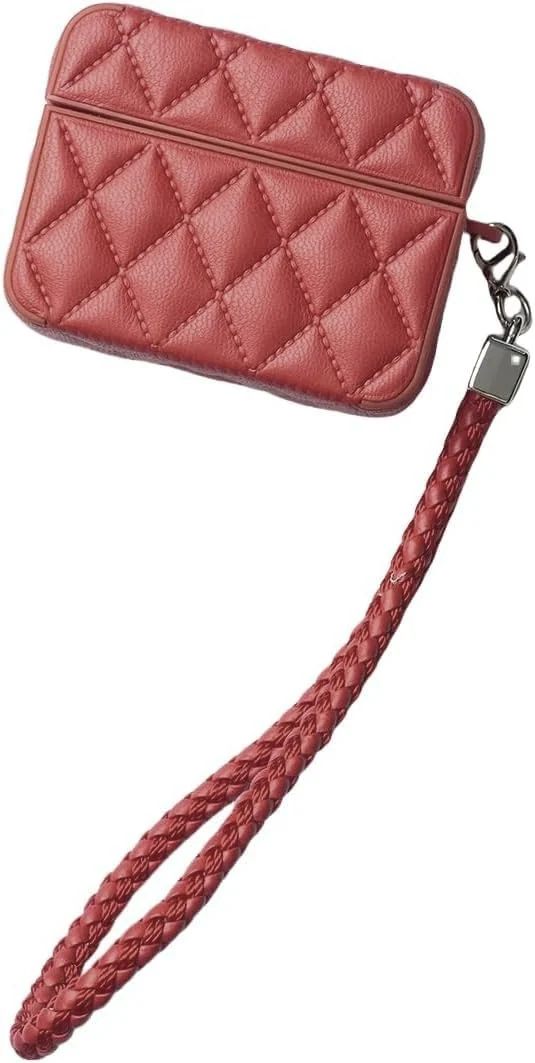 MOBIGON Diamond-Quilted PU Leather Case with Lanyard for Apple AirPods Pro 1 / 2, Red
