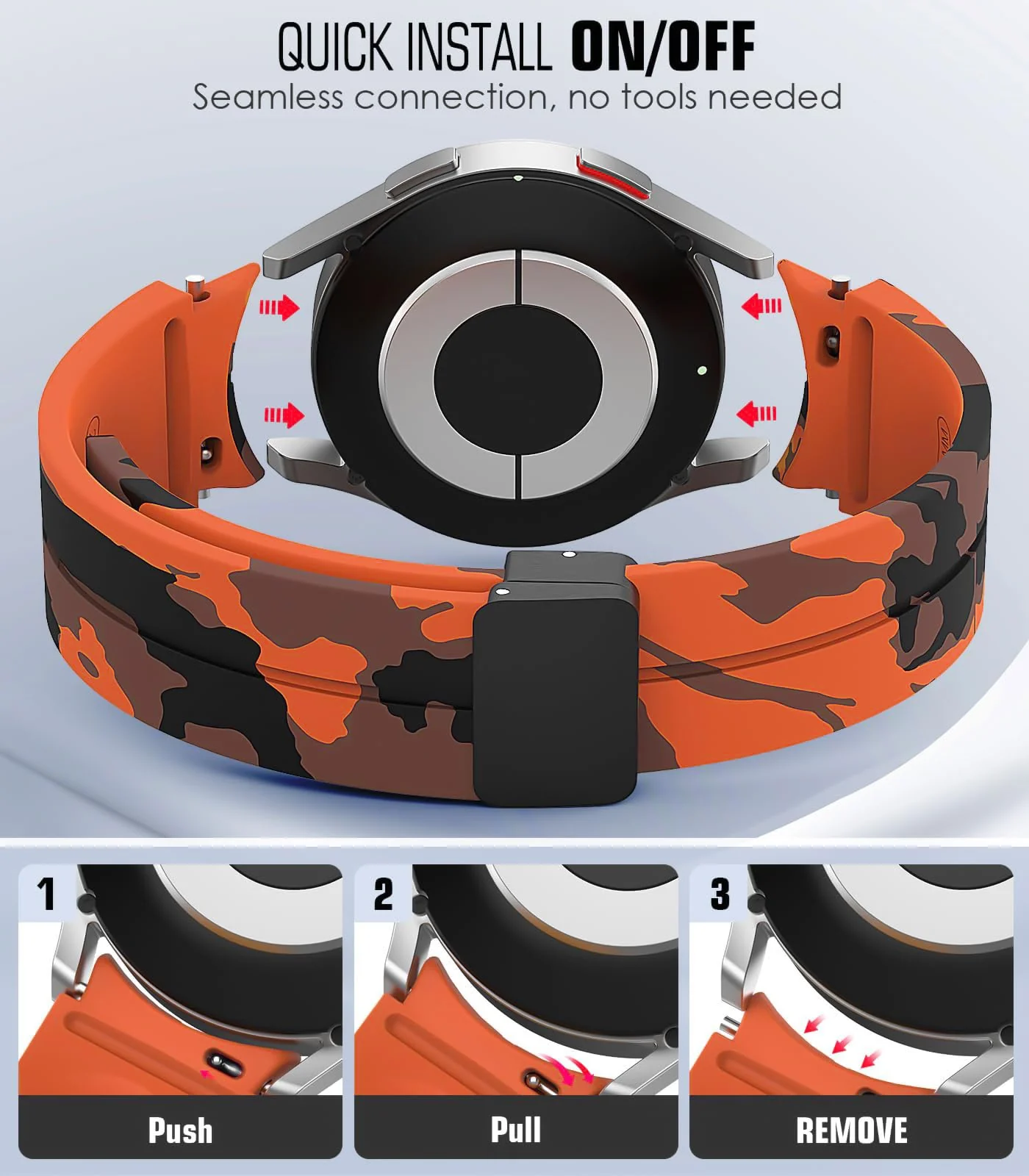 DL3 Mobilak Strap Compatible with Samsung Galaxy Watch 7 FE 6 5 4 Strap 40mm 44mm/Watch 6 Classic 43mm 47mm/5 Pro 45mm/4 Classic 42mm 46mm, No Gap Magnetic Clasp Silicone Band - Camouflage Orange