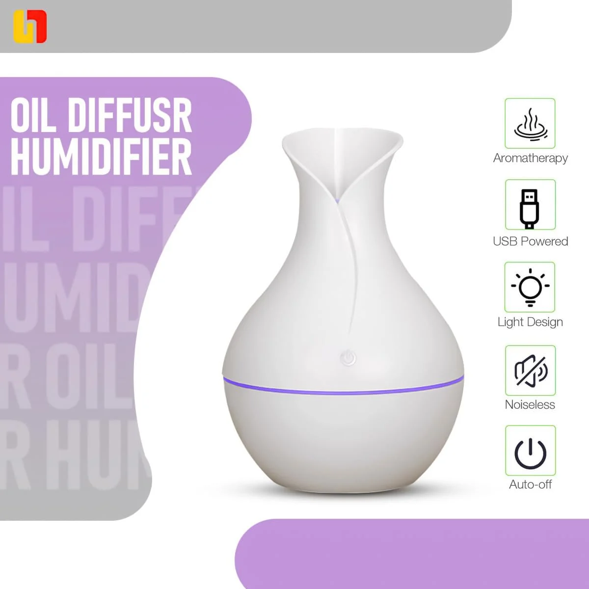 Mobigon Wood Cool Mist Ultrasonic Humidifier for Room Moisture, Aroma Diffuser for Home, 200ml Essential Oil Diffuser with 7 Colorful Night Light, Auto Shut-Off, Home, Office, car - D.White