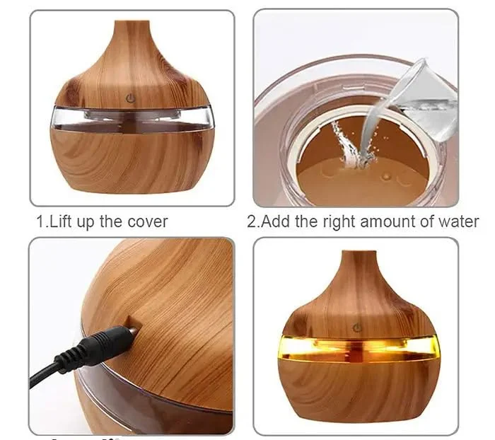 Mobigon Wood Cool Mist Ultrasonic Humidifier for Room Moisture, Aroma Diffuser for Home, 300ml Essential Oil Diffuser with 7 Colorful Night Light, Auto Shut-Off, Home, Office, car - D.Light Brown