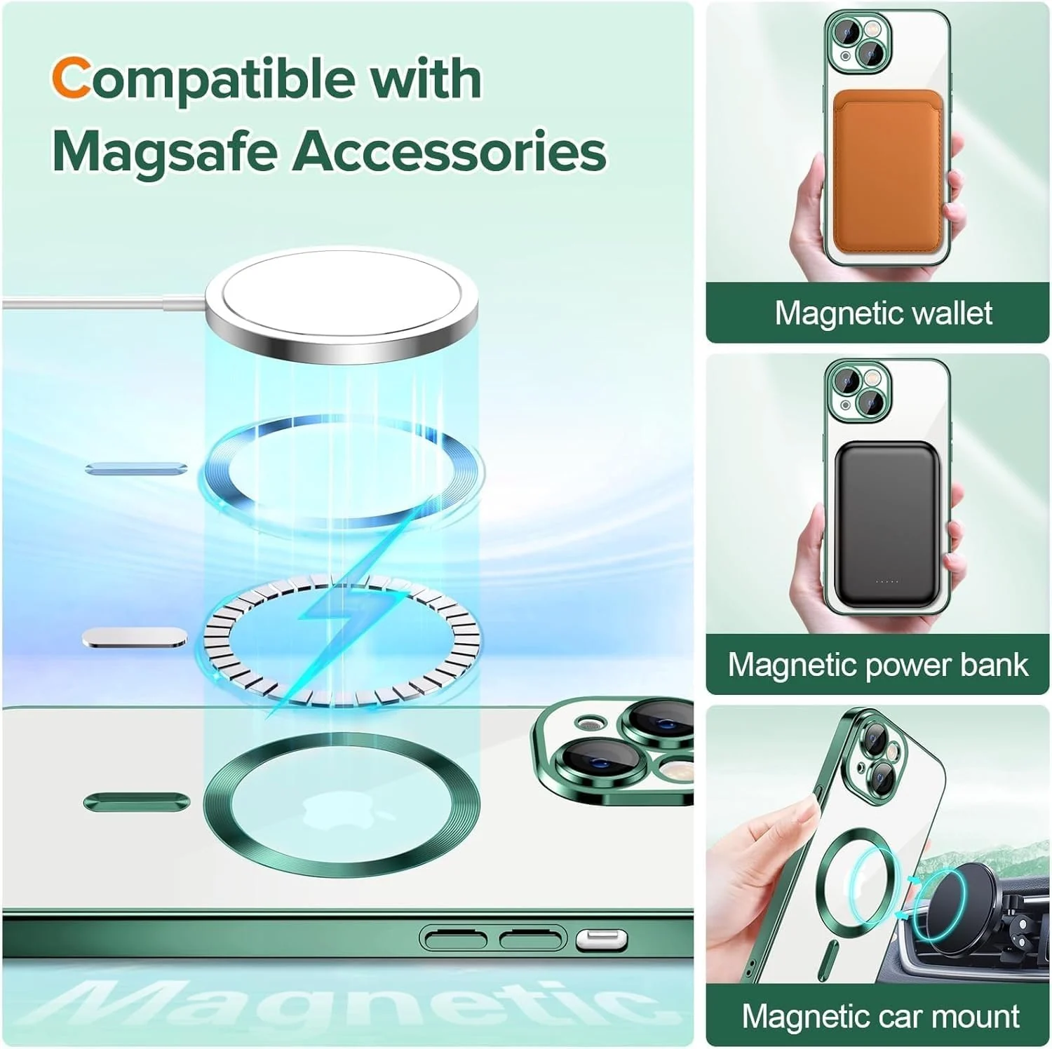 DL3 Mobilak Electroplated Case for iPhone 15 Plus (6.7''), Camera Lens Full Protection, Compatible with MagSafe Wireless Charging, Shockproof Soft TPU Phone Cover - Green