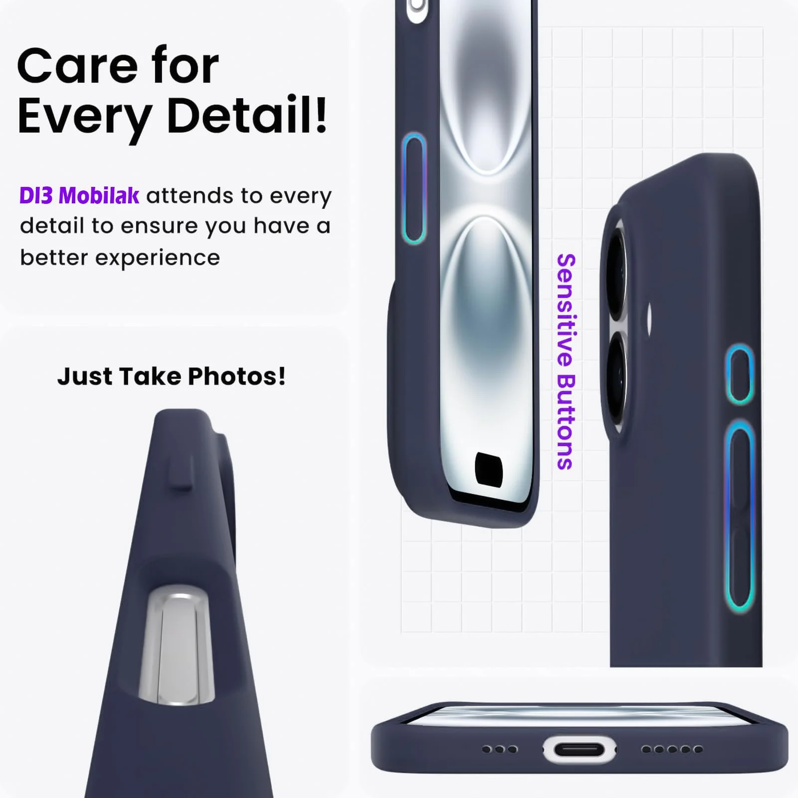DL3 Mobilak Liquid Silicone Protective Case with Soft Microfiber Lining for iPhone 16 - Midnight Blue