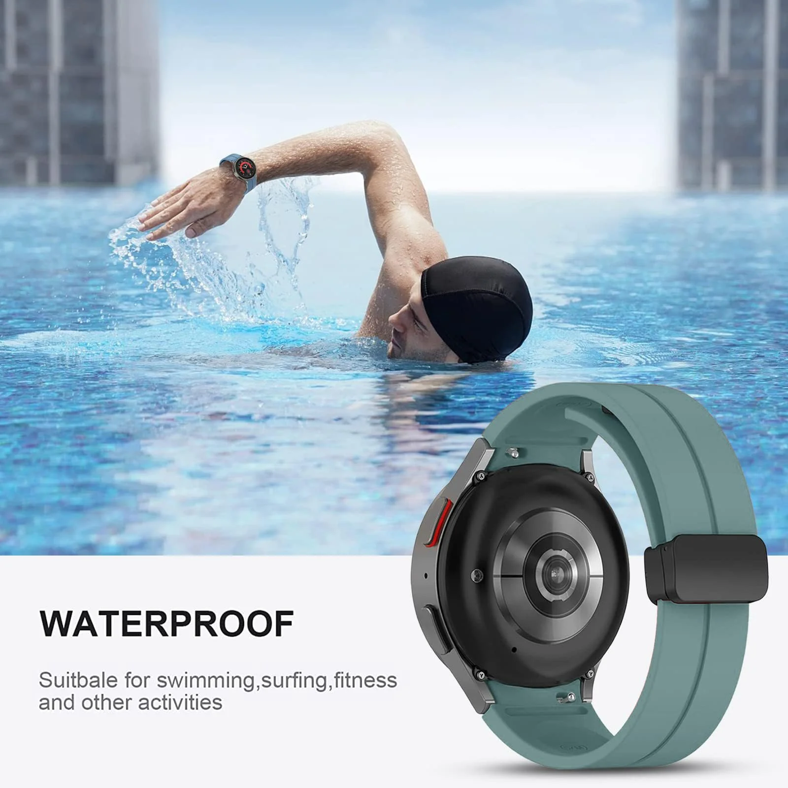 DL3 MOBILAK Magnetic Band for Samsung Galaxy Watch 6 Classic 47mm 43mm/5 Pro 45mm/Watch 7 FE 6 5 4 44mm 40mm/4 Classic 46mm 42mm,Silicone Strap for Samsung Watch 5 Pro 45mm,No Gap Buckle - A.Pine Green