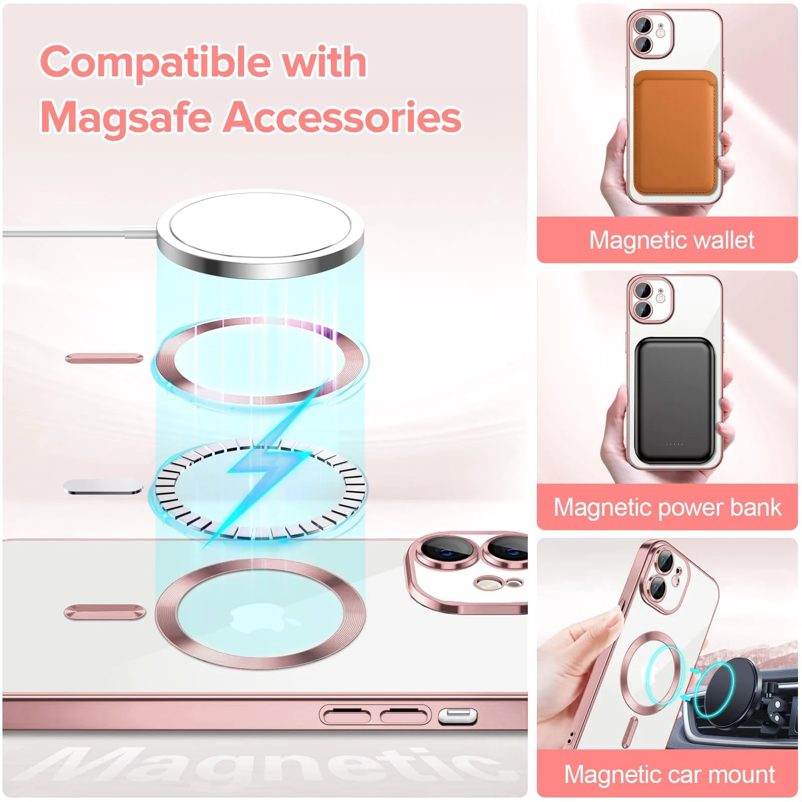 DL3 Mobilak Plated-Edge Protective Case for iPhone 12, Compatible with MagSafe accessories, Built-in magnetic car-mount support, Camera protection - Rose Gold