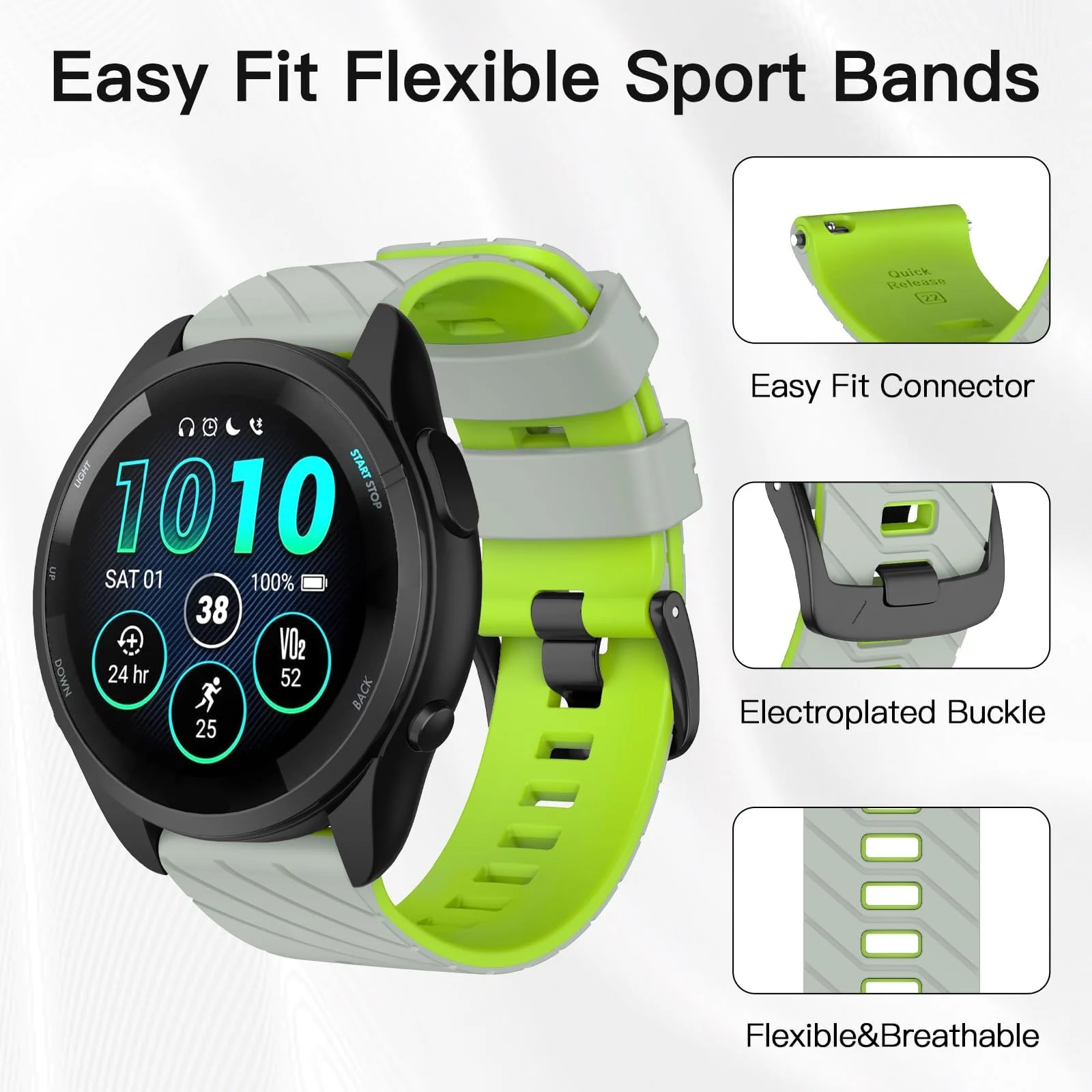 DL3 Mobilak Silicone Sport Band 22MM Strap For Xiaomi Redmi Watch 5 Active/5 Lite/Samsung Galaxy Watch 3 45mm/Watch 46mm/Gear S3/Huawei watch GT5 GT4 GT3 GT2 GT 46MM/GT2E/GT3 Pro/GT 5 Pro - Misty Grey/Lime
