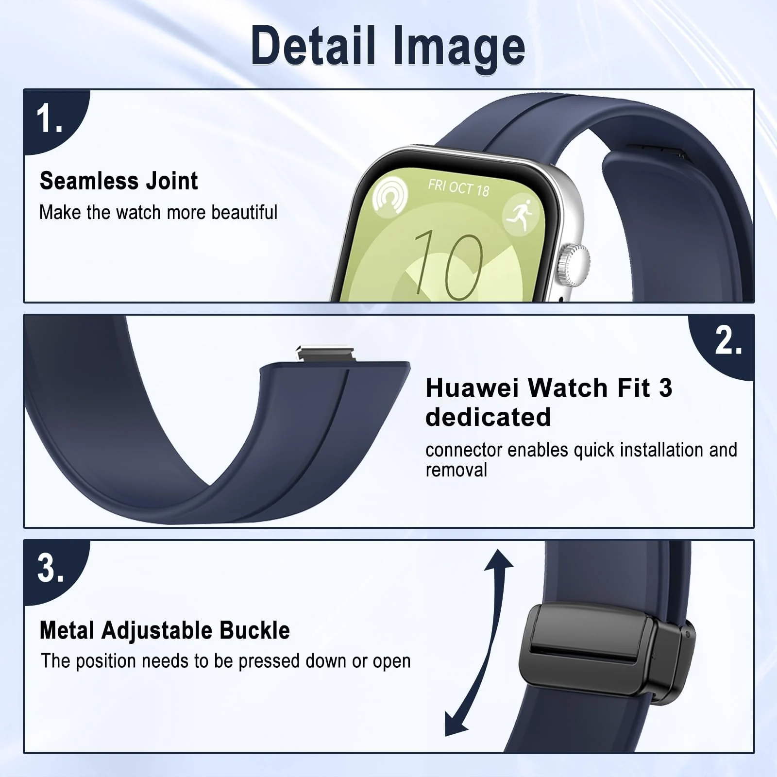 DL3 Mobilak Silicone Strap Compatible with Huawei Watch Fit 3/Watch Fit 4 Pro/Fit 4 Magnetic Metal Stainless Buckle Sport Silicone Strap, Band Quick Release Soft Replacment Wristband - Blue