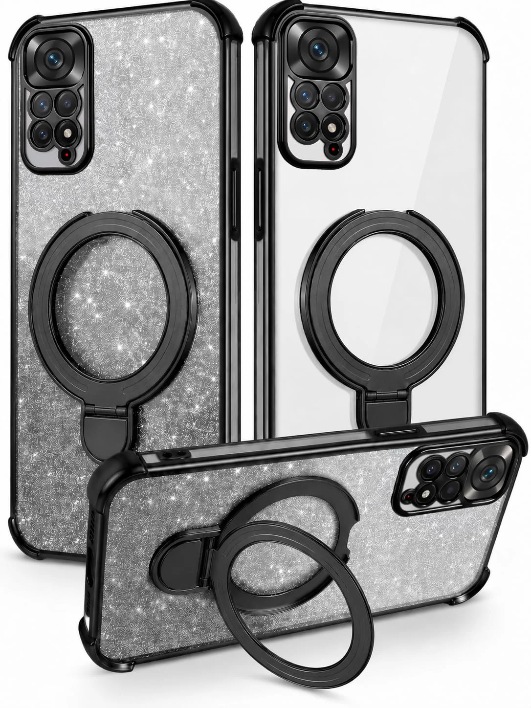 MOBIGON Glitter Phone Case with Magnetic Ring Stand for Xiaomi Redmi Note 11 4G / Note 11S, Black