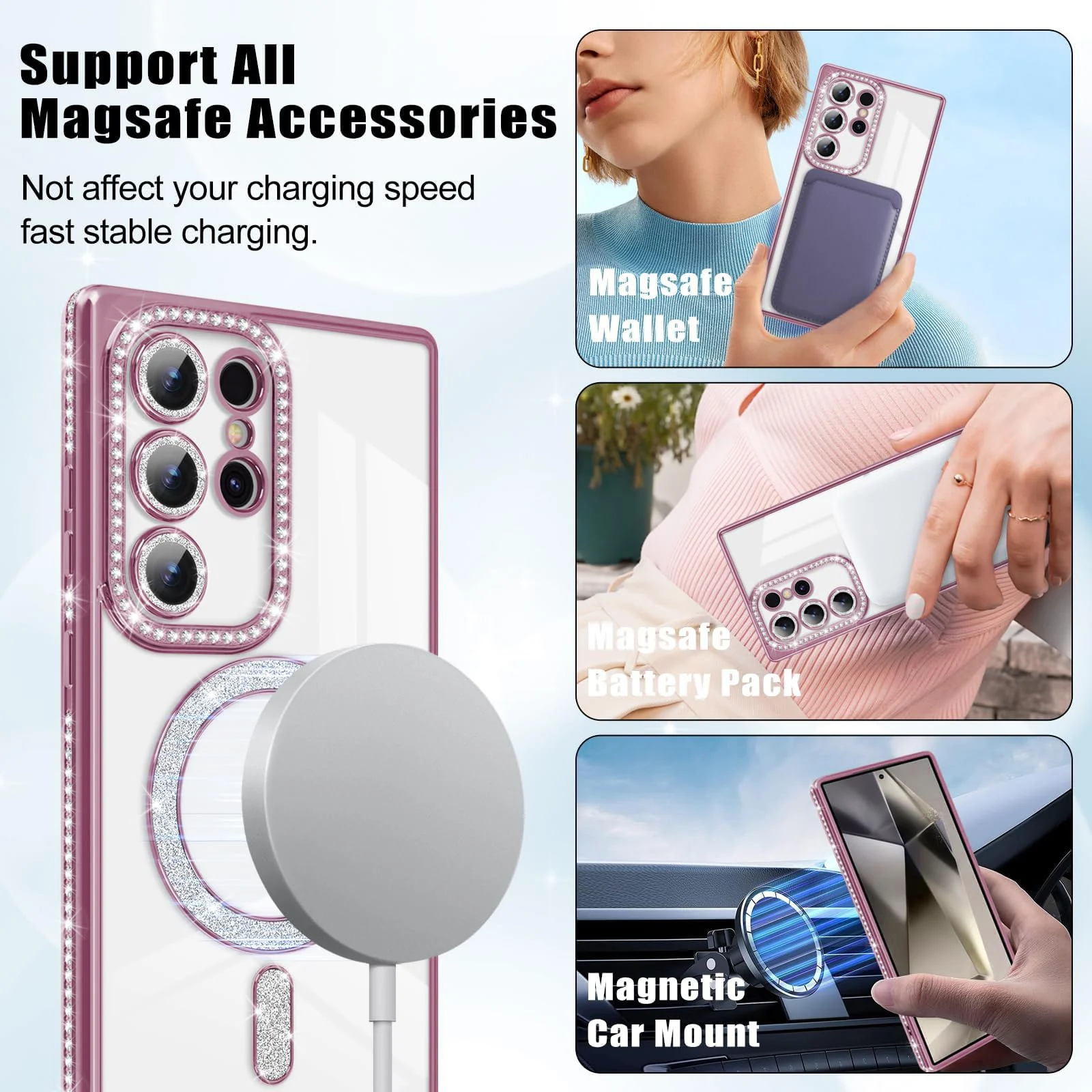 DL3 Mobilak MagSafe-Compatible Magnetic Case for Samsung Galaxy S24 Ultra with Camera Protection and Magnetic Car-Mount Support - Pink